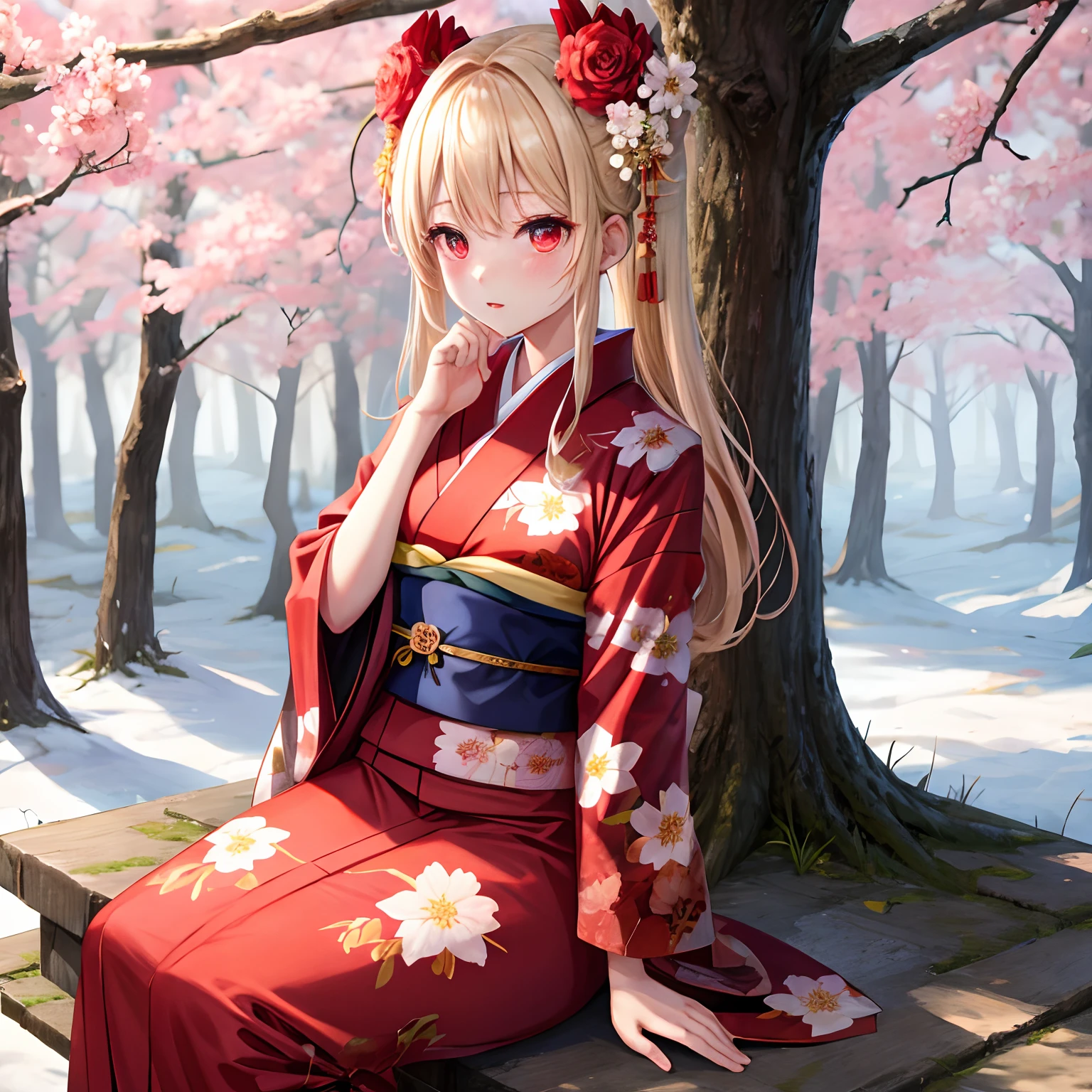 a blond、red eyes、Beautiful girl alone、Floral kimono、red blush、in woods、sitting on