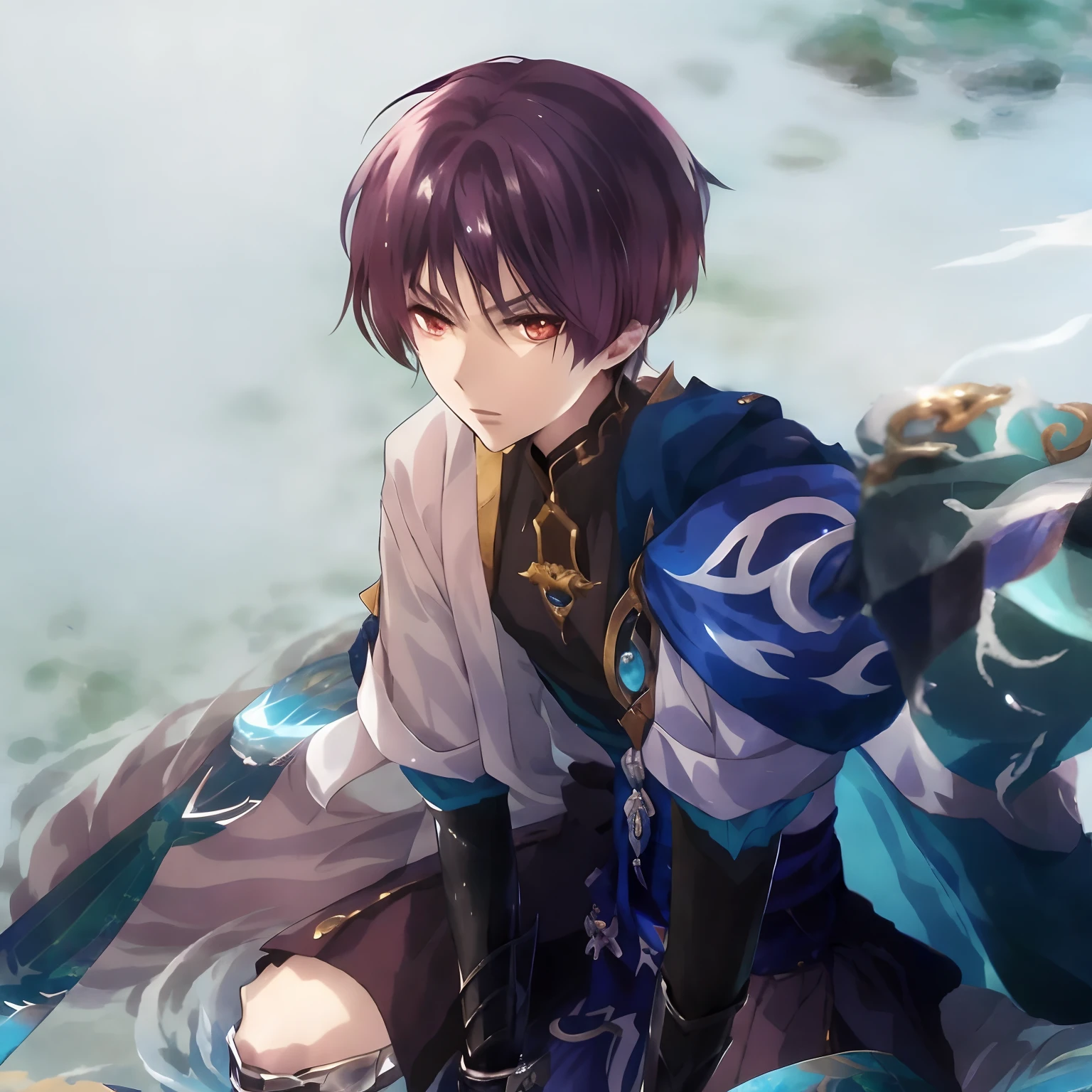 Anime characters sitting in the water，Sword in hand, From Genshin, wallpaper anime blue water, zhongli from genshin impact, male anime character, handsome guy in demon killer art, shigenori soejima illustration, Genshin impact's character, Beautiful androgynous prince, Genshin, shadowverse style, Tall anime guy with blue eyes,Cute eyes