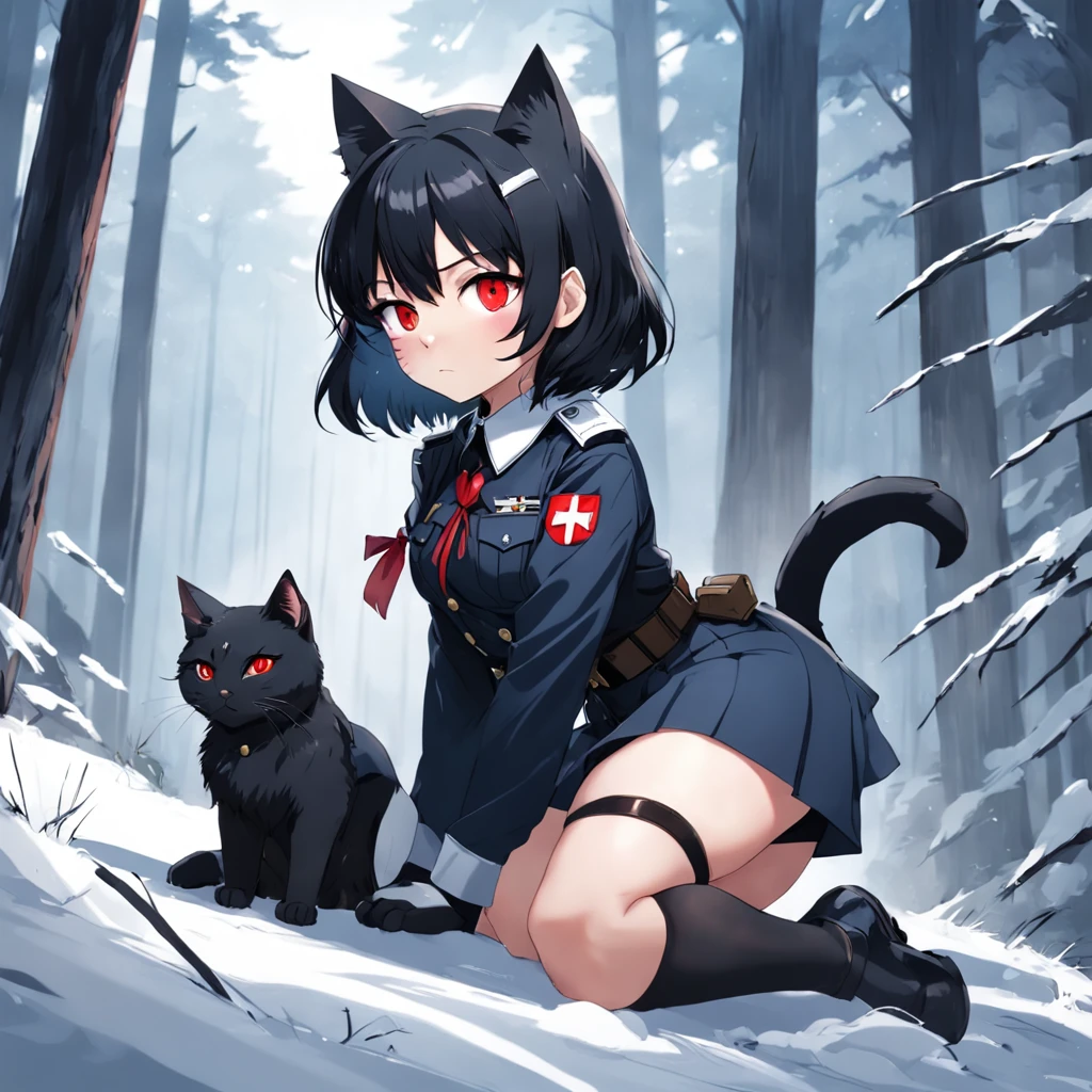 snowy forest, black hair, cat ears, cat girl, red eyes, kneeling, nazi officer uniform, NAZI, germany, black officer uniform