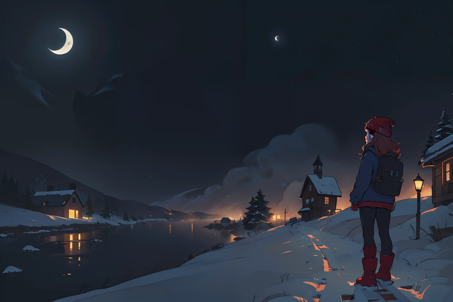 masterpiece, 4k, detailed, wide shot, game key art, splash art, concept, distant shot of a small village at the bottom of snowy hills at night, with a slim girl with long red hair in beanie, blue sweater, black tights, red boots and yellow backpack standing at a crossroad in the foreground in the corner of the image, dark, gloomy dramatic, spooky lighting with lot of fog, foggy and snowing weather snowy, blizzard, night with huge white moon