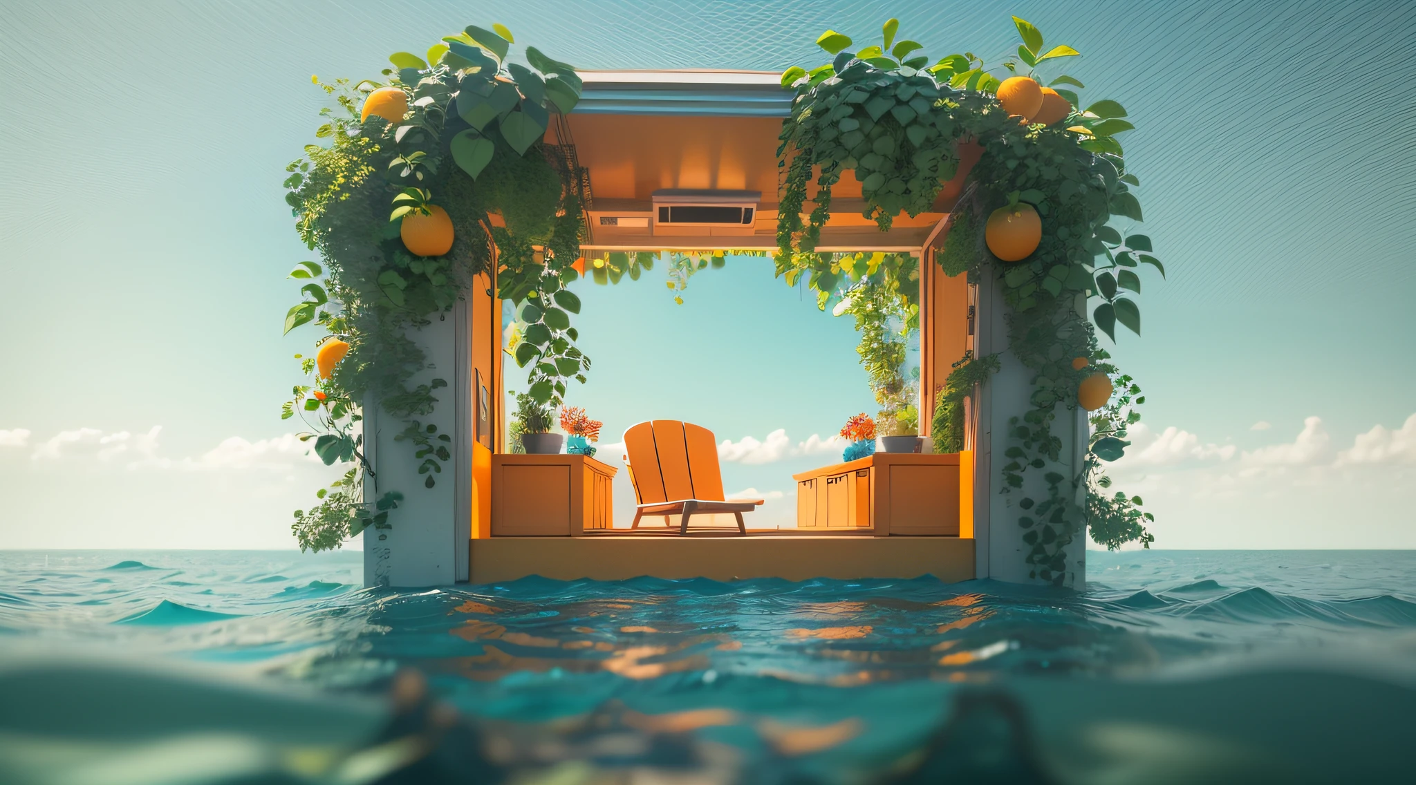 There is an orange booth in the middle of the sea， Seawater above，There are some plants around，Blurred foreground，Center composition，up-close，Front view，a sense of atmosphere, scenography,C4D, 3D modeling,oc rendered