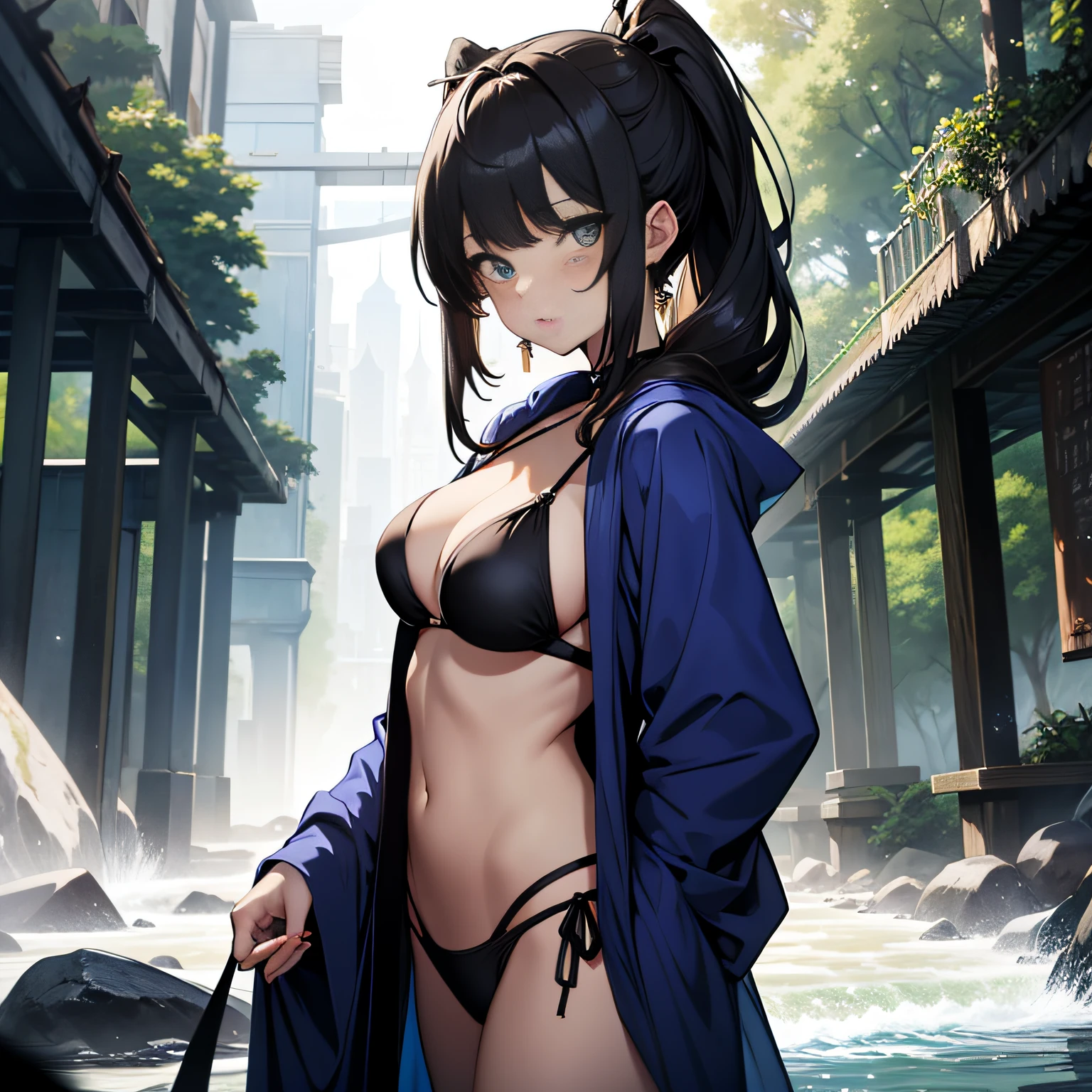 top-quality、extremely delicate and beautiful、femele、（blue robe）、A dark-haired、Beautuful Women、（greeneye）、Black Bikini、Black bikini on lower body、poneyTail、is standing