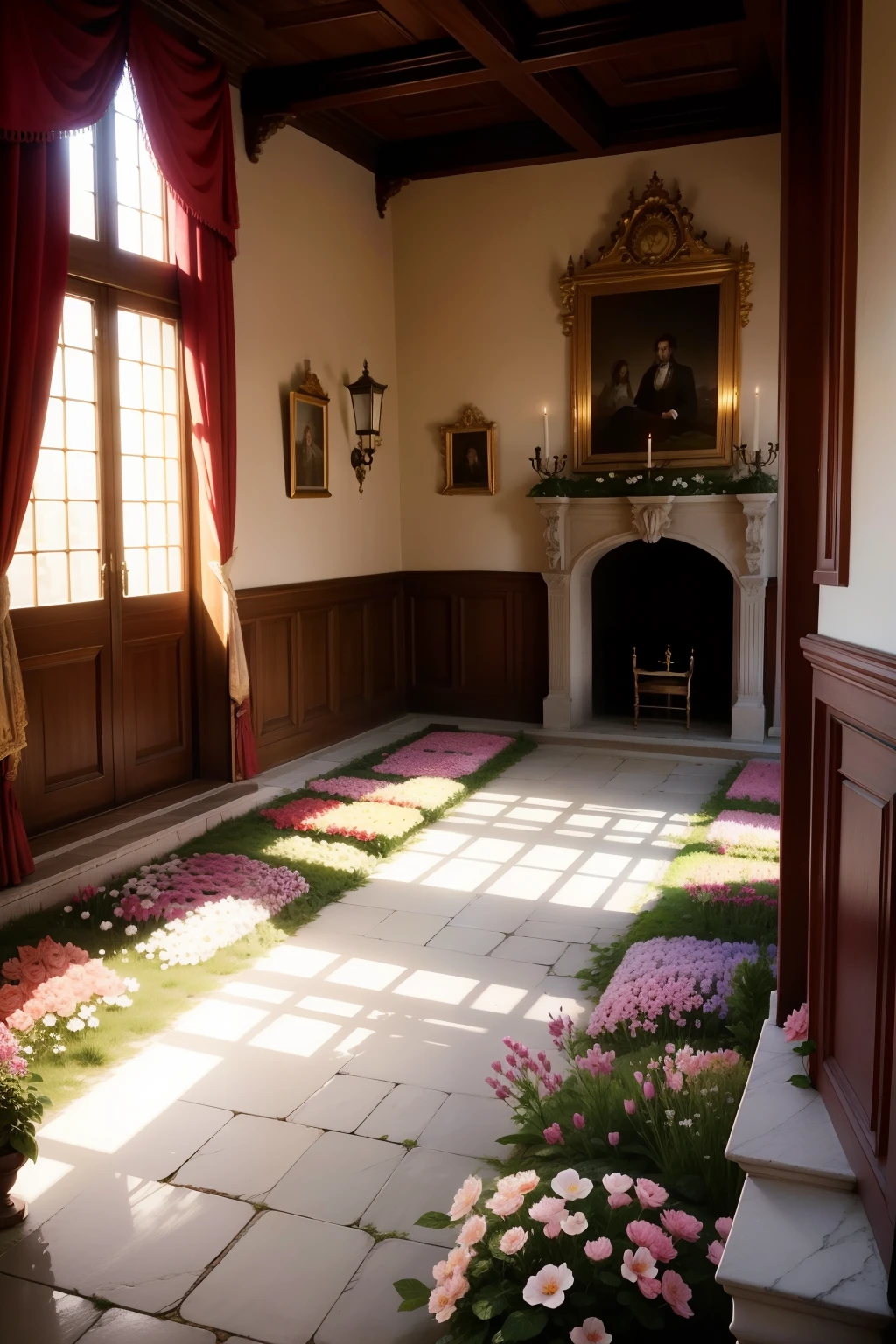 In a castle，It is full of flowers all over the place