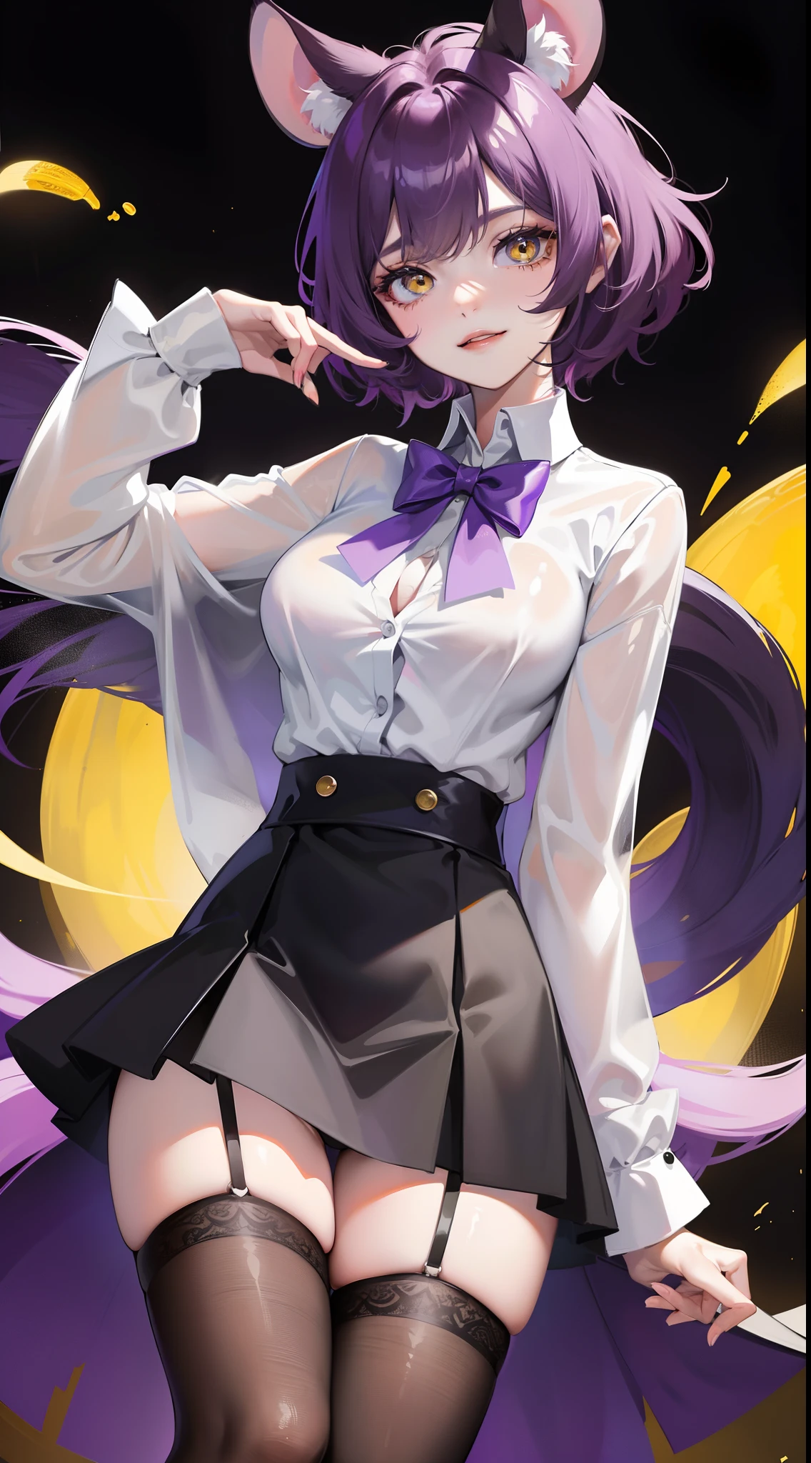 young girl, short purple hair, Yellow eyes, Mouse ears, tight white shirt with bow tie, tight black skirt, open breasts, Languid look, Lustful smile, Masterpiece, hiquality