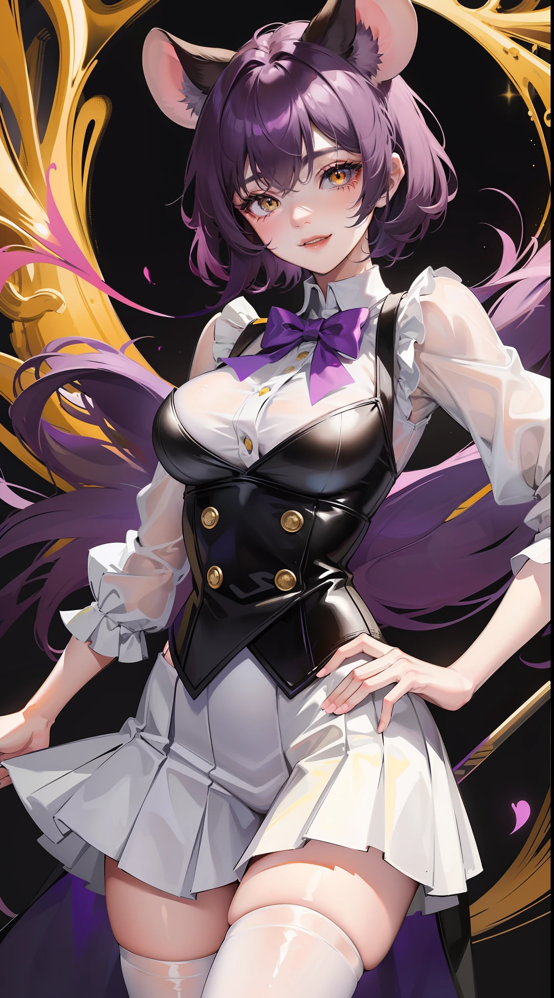 young girl, short black and purple hair, Short braid,  bunny ears, Yellow eyes, purple lipstick, Gothic dress, open breasts, Smile, Masterpiece, hiquality