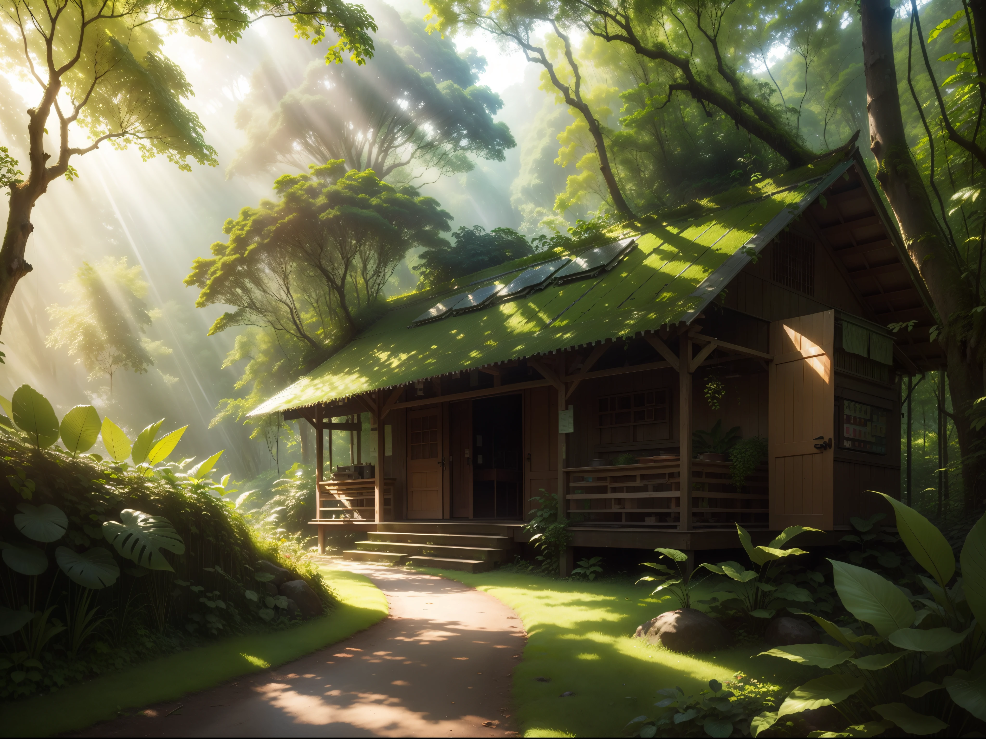 lush green forest, rays of sunshine, foliages, rivulets, Birds, Song, Recycled materials, Duan, solar panel, teto, nature reserve, sign, a plant, Animals, Beautiful coexistence