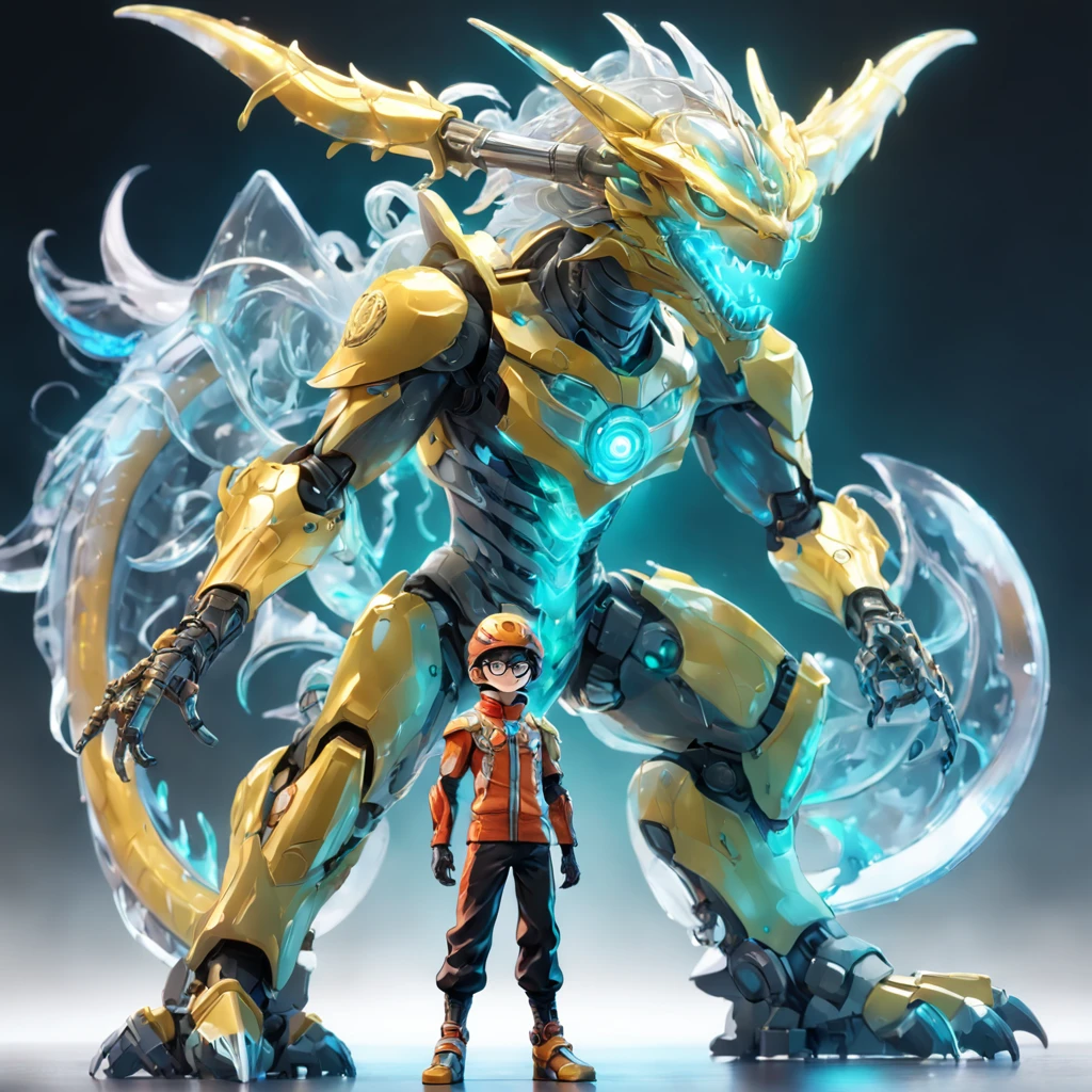 chinesedragon, (Blind box toy style:1.2), (Full body shot) , 1 Transparent young boy, Behind him is a transparent Chinese dragon, Transparent mech, Exquisite helmet:1.2, Luminous goggles:1.2, Cyberpunk, dreamy glow, luminous neon lights, Clean, White background, ( Global illumination, Ray traching, hdr, unreal render,reasonable design, high detal, Masterpiece, Best quality, hyper HD, Cinematic lighting)