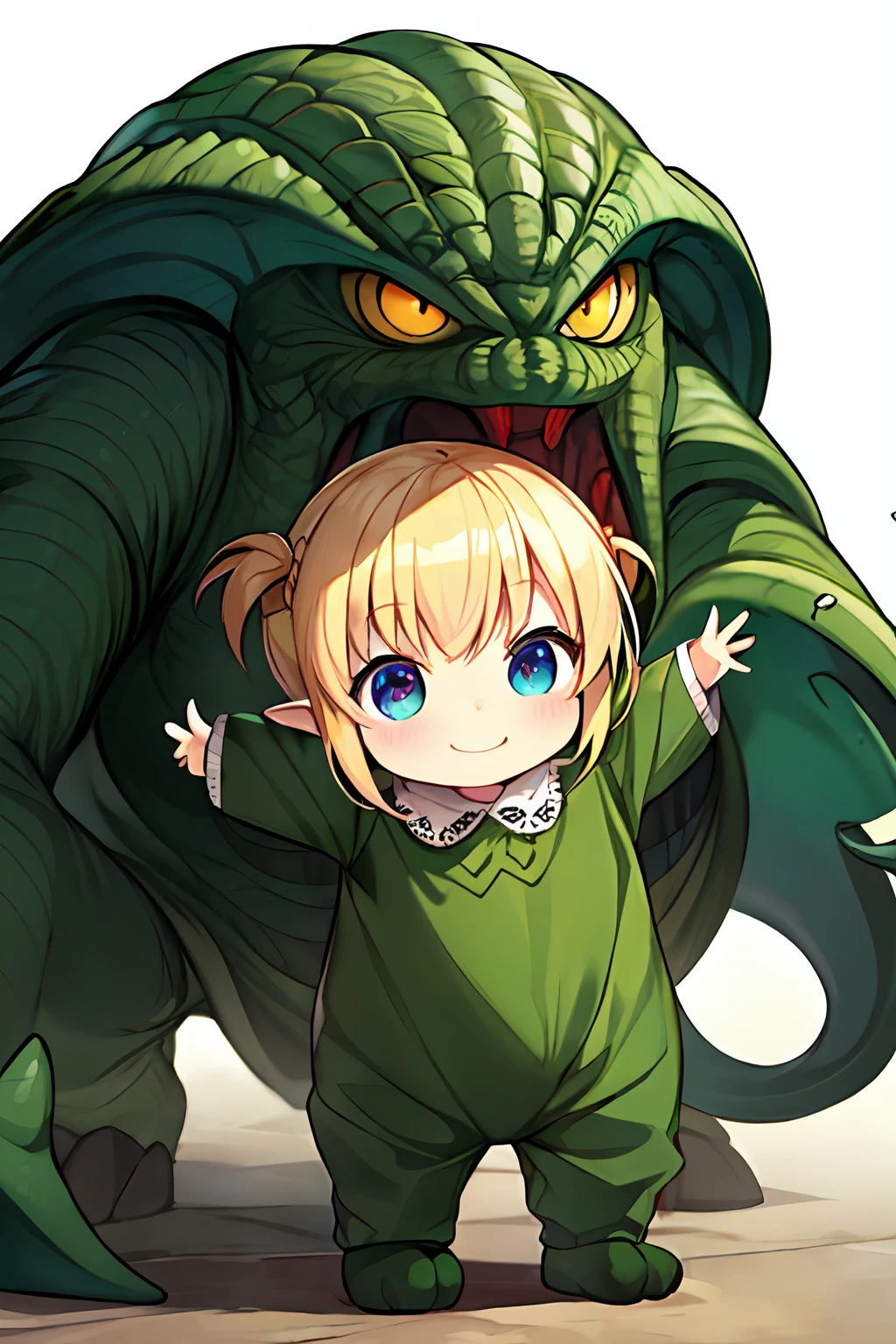 Cthulhu，Monster，Imagine a toddler standing，cartoonish style，With a smile on his face