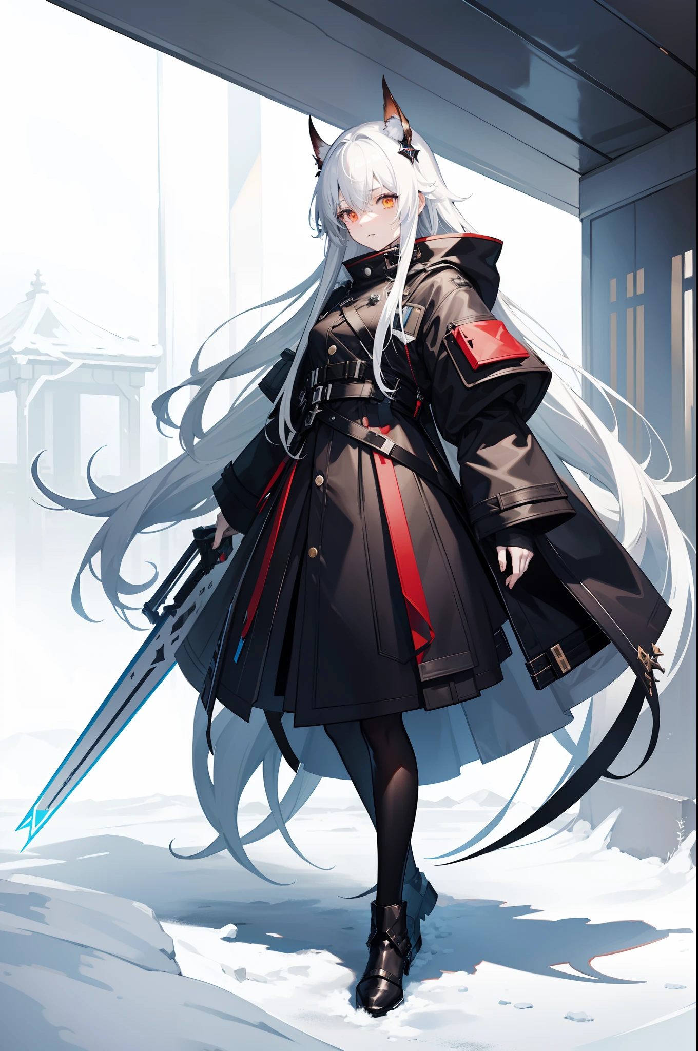 Lapland from Arknights by 幻象黑兔, Full body, long black messy hair, Crazy look, White eyes, Wearing a coat with buttons on one side, Professional artwork, High contrast, clean detailed anime style, cold light, Snow
