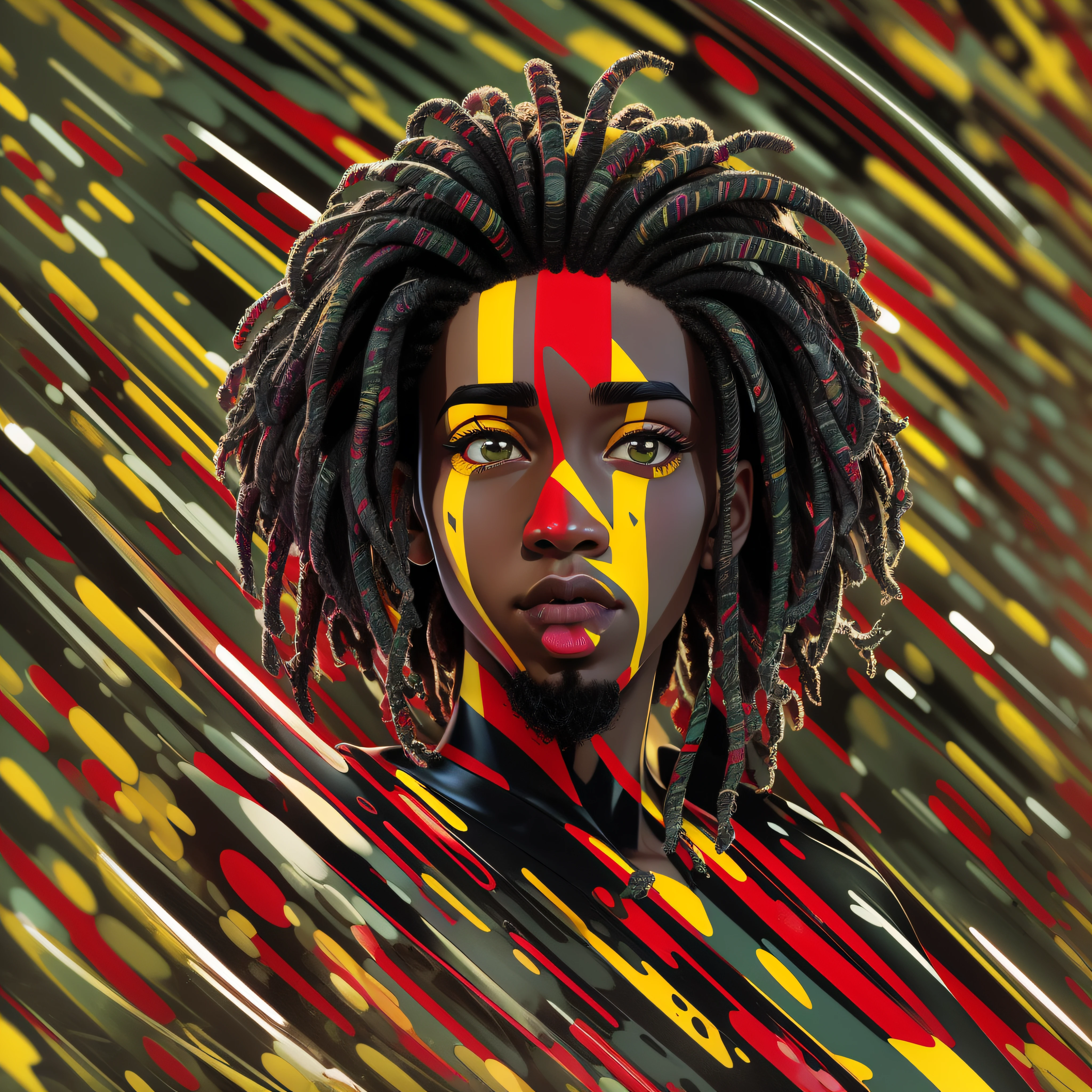 Create a logo with the head of a black man with dreadlocks in black colors, verde, amarelo e vermelho (olhando para a frente) , imagem estilo logomarca , Sober, (fundo preto), Image with resolution of at least 300dpi, UHD 8k, Very high quality for excellent printing. Lighting that highlights the figure in relation to the background, cores do reggae, Estilo da camada de disco