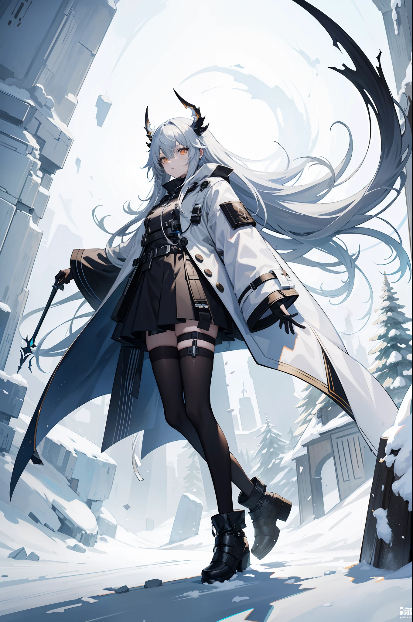 Lapland from Arknights by 幻象黑兔, Full body, long black messy hair, Crazy look, White eyes, Wearing a coat with buttons on one side, Professional artwork, High contrast, clean detailed anime style, cold light, Snow