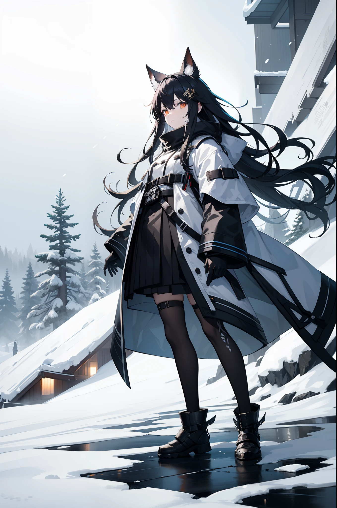 Lapland from Arknights by 幻象黑兔, Full body, long black messy hair, Crazy look, White eyes, Wearing a coat with buttons on one side, Professional artwork, High contrast, clean detailed anime style, cold light, Snow