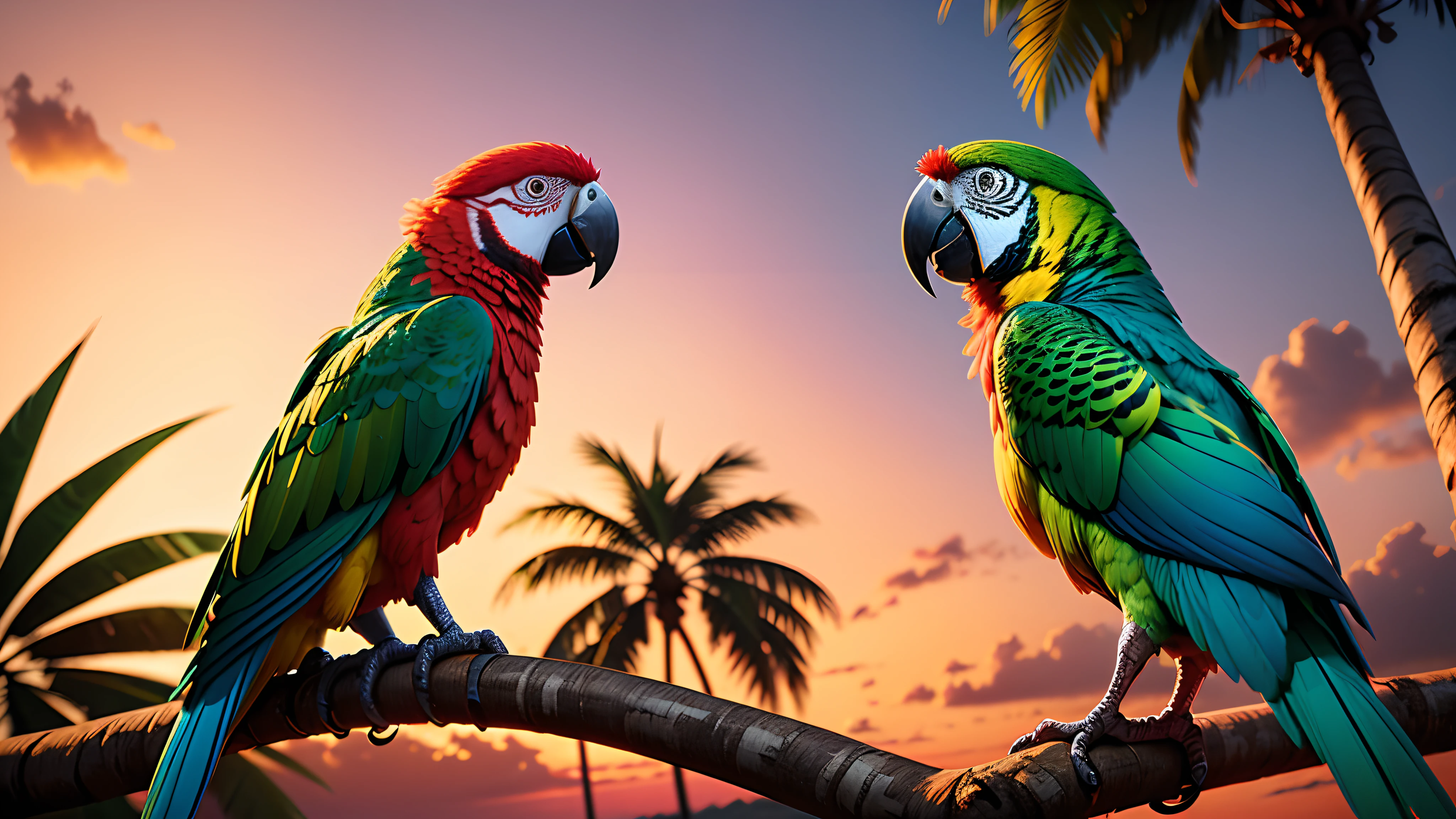 A vibrant parrot perched on a tropical tree with a sunset behind it