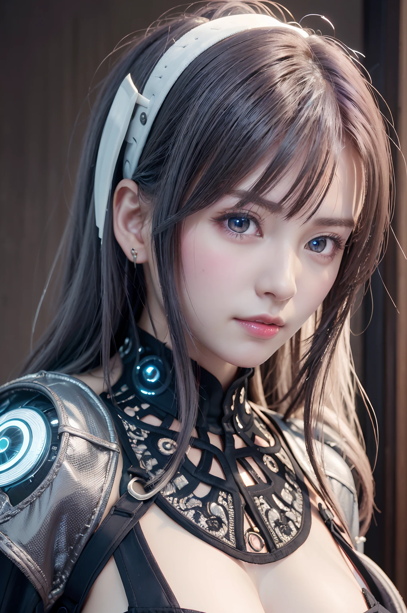 Cybernetic arm and glowing robot cyber girl,(Sheer and revealing costumes:1.3, ),(Maid robot cyber girl in fluffy maid clothes:1.3), (Robot shining behind:1.3),Glossy light brown and orange striped shorthair,Cute smile,Perfect round face,A cheerful smile that makes the viewer happy,Proper body proportion,masutepiece,Super high-quality output images,hight resolution,Intricate details,Hair fluttering in a very delicate and beautiful wind,photos realistic,Dreamy,Professional Lighting,realistic shadow,Solo Focus,Beautiful hands,Beautiful fingers,Detailed finger features,detailed clothes features,Detailed hair features,detailed facial features,