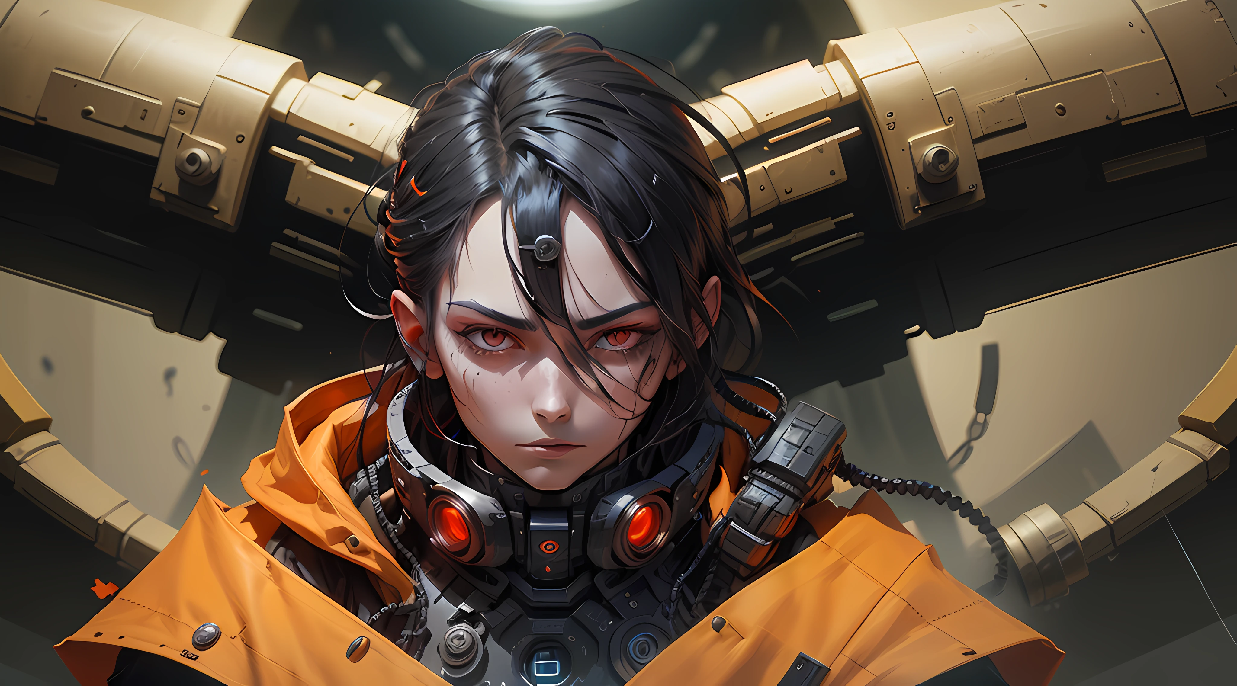 Cybersoldat, ((Balck,rot)),(orange aura),evil character --auto