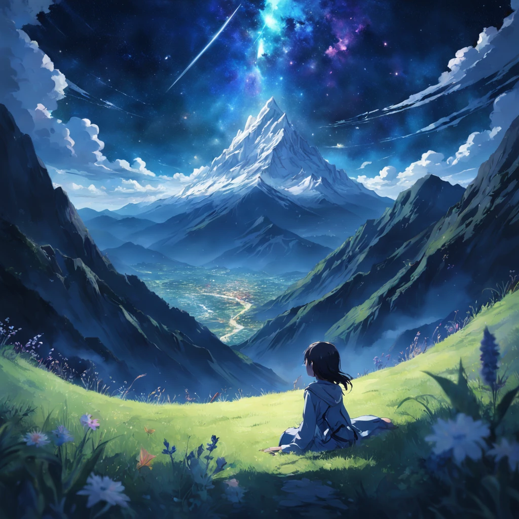 universe, mountain, a girl laying on grass and looking at sky