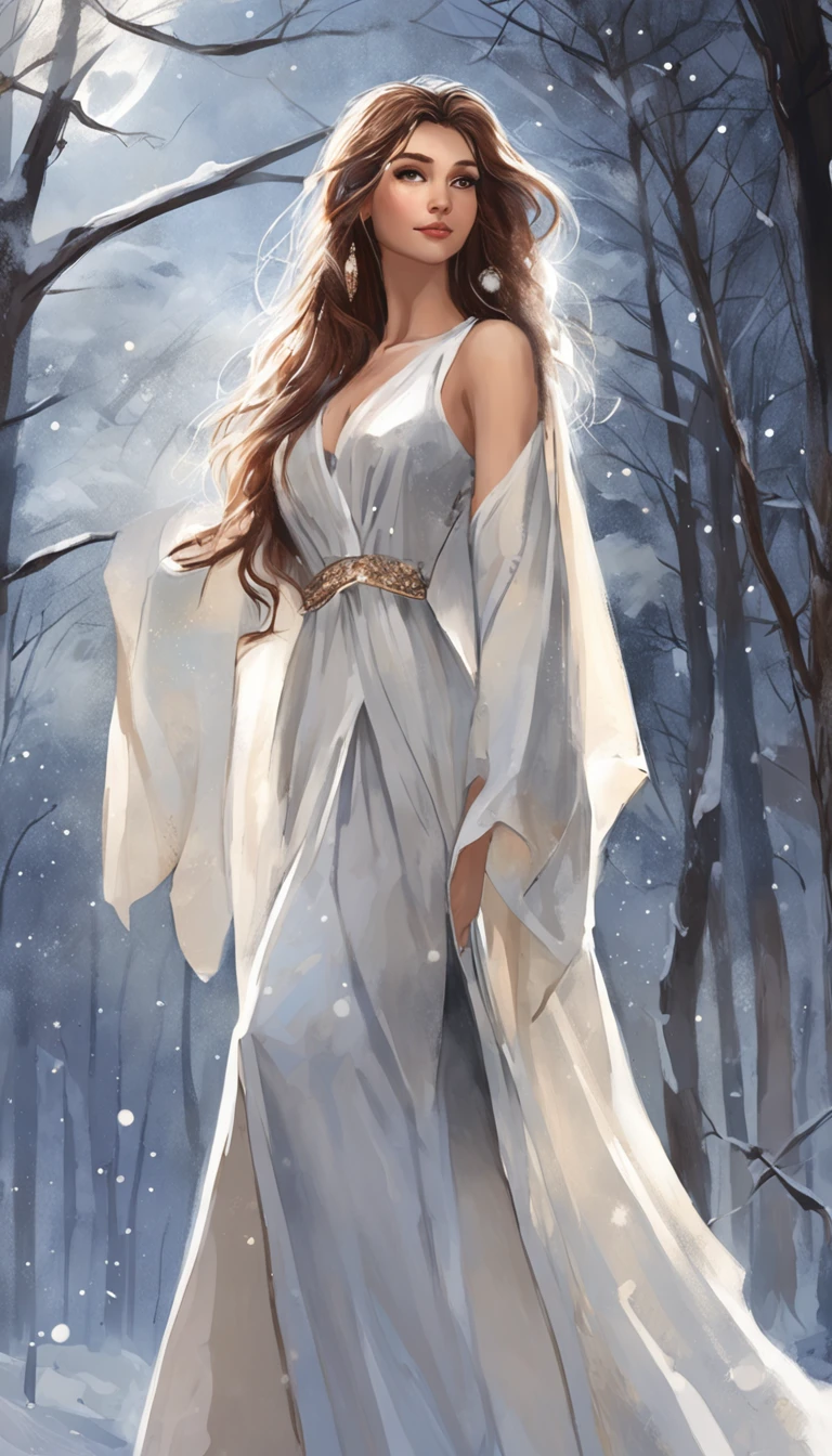 ((From the side Side)), ((From below)), ((full bodyesbian)), ((Realistic)), Beautiful young girl, , cabelos preto e longos, hair straight, By bangs, (slender leg), (cold light, the night, starrysky), (at winter season, nevando, Forest). ((White antique robe, bshoulders, , )), Detailed scenes, the detail,Hyper-detailed, (correct hand), (anatomy correct), (best qualtiy,tmasterpiece)