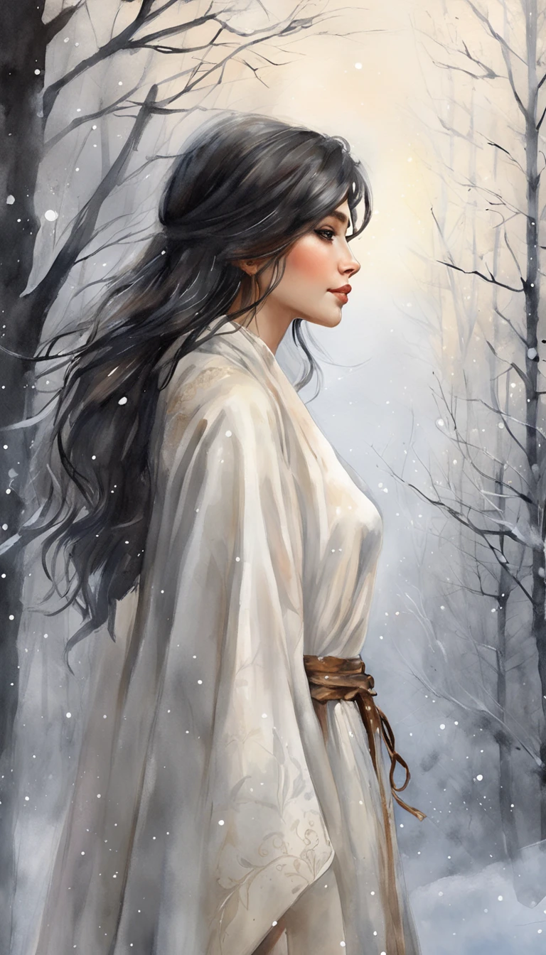 ((From the side Side)), ((From below)), ((full bodyesbian)), ((Realistic)), Beautiful young girl, , cabelos preto e longos, hair straight, By bangs, (slender leg), (cold light, the night, starrysky), (at winter season, nevando, Forest). ((White antique robe, bshoulders, , )), Detailed scenes, the detail,Hyper-detailed, (correct hand), (anatomy correct), (best qualtiy,tmasterpiece)
