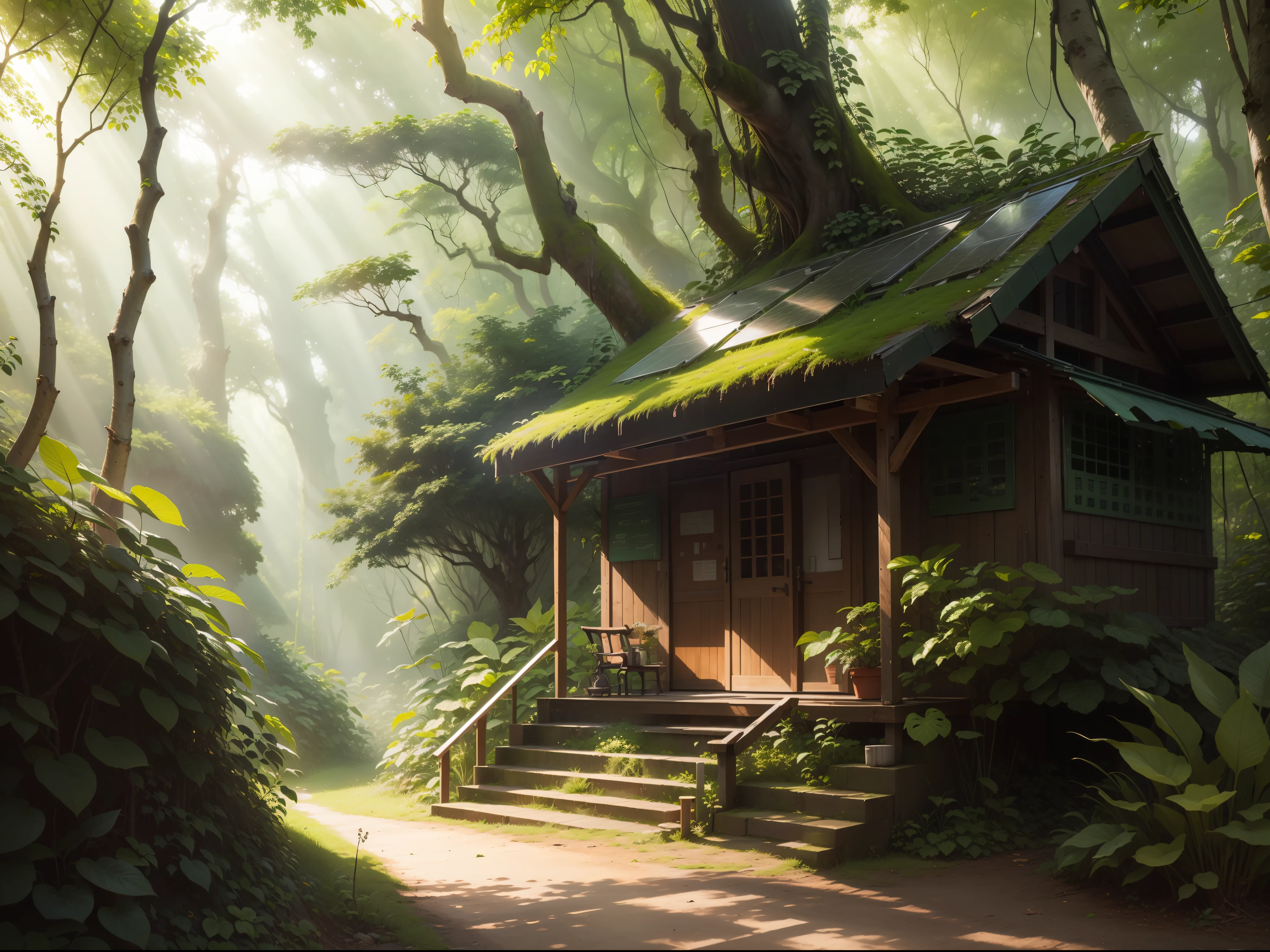 lush green forest, rays of sunshine, foliages, rivulets, Birds, Song, Recycled materials, Duan, solar panel, teto, nature reserve, sign, a plant, Animals, Beautiful coexistence