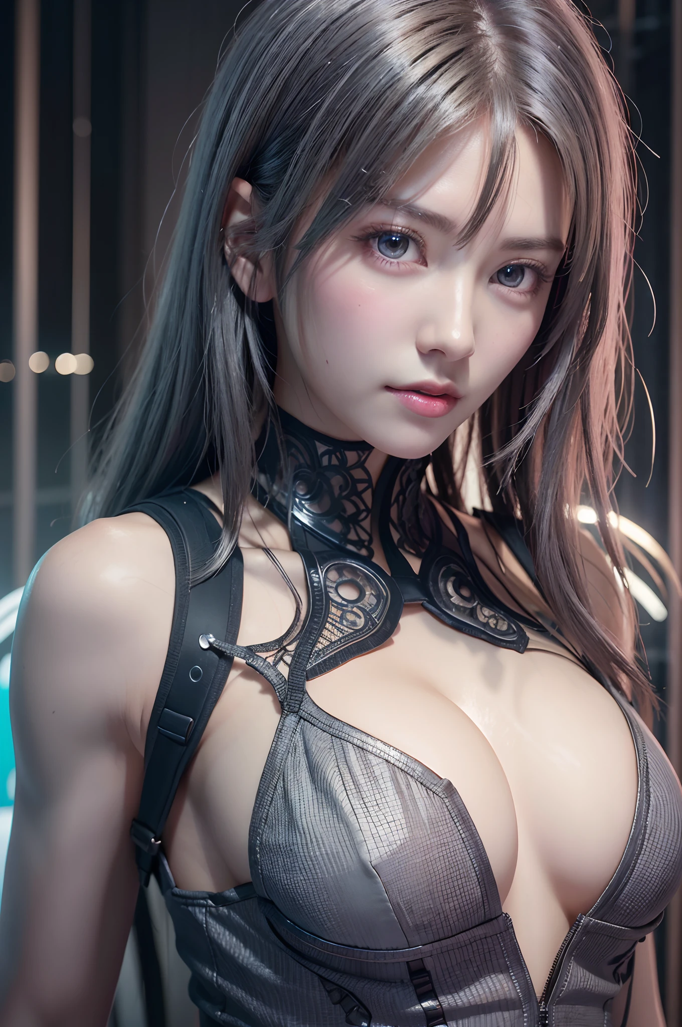 top-quality、8K Masterpiece、超A high resolution、(Photorealsitic:1.3)、Raw photo、1人、silver white hair、glowy skin、1 Cyberpunk Super Beautiful Soldier、((super realistic details))、portlate、globalillumination、Shadow、octan render、8K、ultrasharp、beauty breast、Raw skin is exposed in cleavage、metals、cold color、、highly intricate detail、Realistic light、CGSoation Trends、Beautiful eyes、radiant eyes、Facing the camera、neon details、