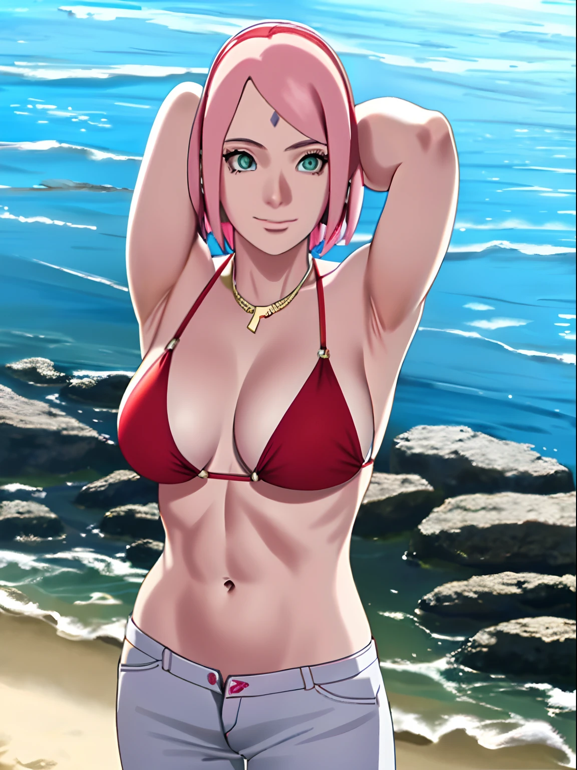 masterpiece, 4k, ultra hires, portrait, anime style, high brightness, best quality, 1girl, flexing arm muscles, haruno sakura, cowboy shot, professional artwork, detailed beach background, intricate details, colorful, digital blending, (ultra detailed body, ultra detail hair, ultra detail face), trending on pixiv,
hot smile, (forehead mark, milf, red hairband, pale skin, small breasts, short hair, ((red bikini, micro bikini top, bikini top only), (gold necklace), white pants), (navel, belly button, bracelet, pink hair, open eyes, big eyes), smile, beach, wind, floating hair, detailed arms, off-shoulders, broad shoulders, slightly muscular arms, (dirty armpits, armpit pocket), standing)