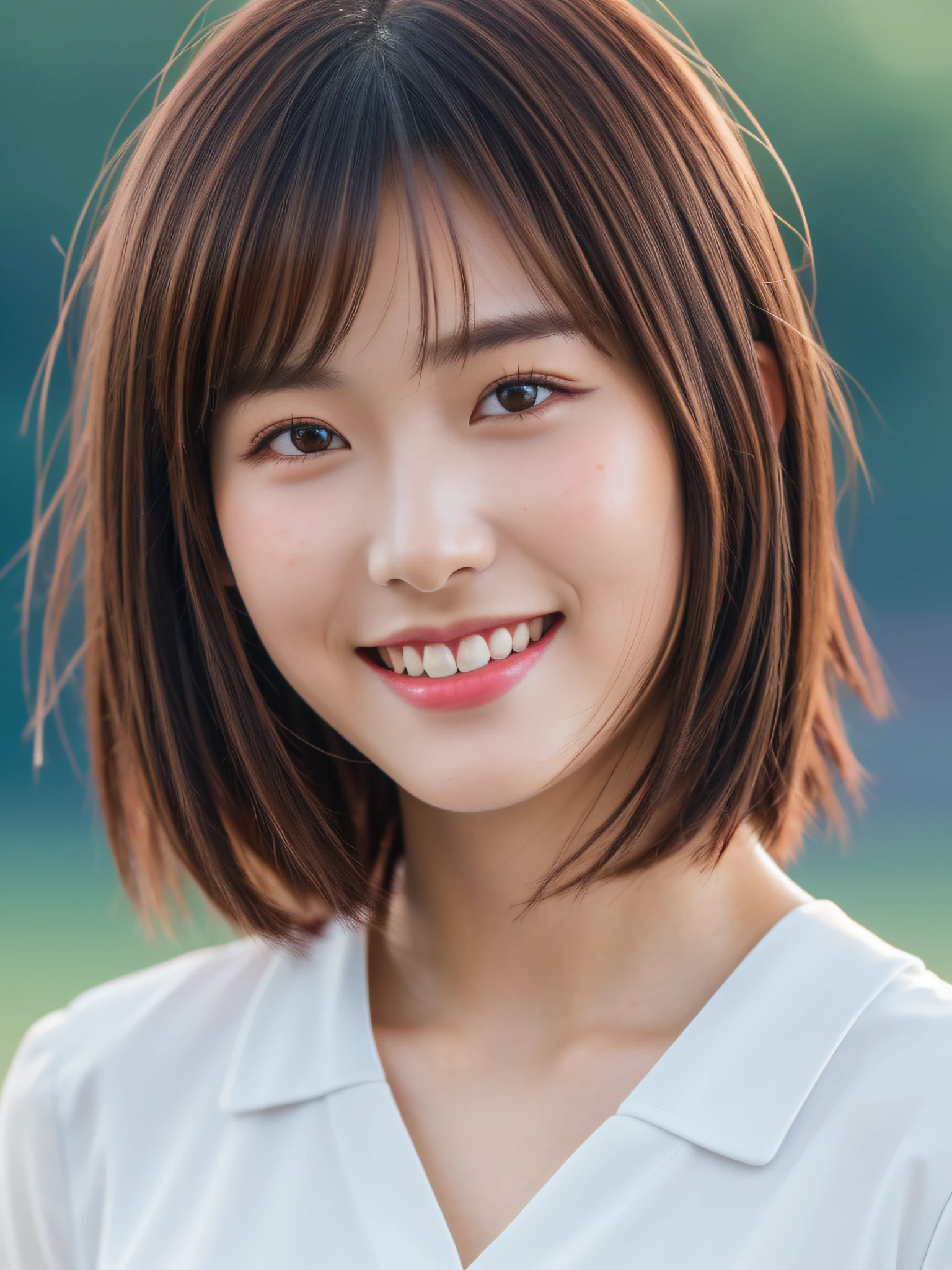 Product quality, 1girl in 1photo, Cowboy Shot, Front view, a Japanese young pretty girl, 18 years old, Bob Hair, A big smile, Glamorous figure, Wearing a red gym uniform, Standing alone on the high school field, Sweaty face, Super cute face, Glossy lips, double eyelids for both eyes, Natural makeup, long eyelashes, Shiny smooth light brown bob hair, asymmetrical bangs, Tanned skin, Center Image, 8K resolution, High resolution, detailed hairstyle, Detailed face, spectacular movie lighting, Octane Rendering, Hyper realistic, Perfect limbs, Perfect Anatomy