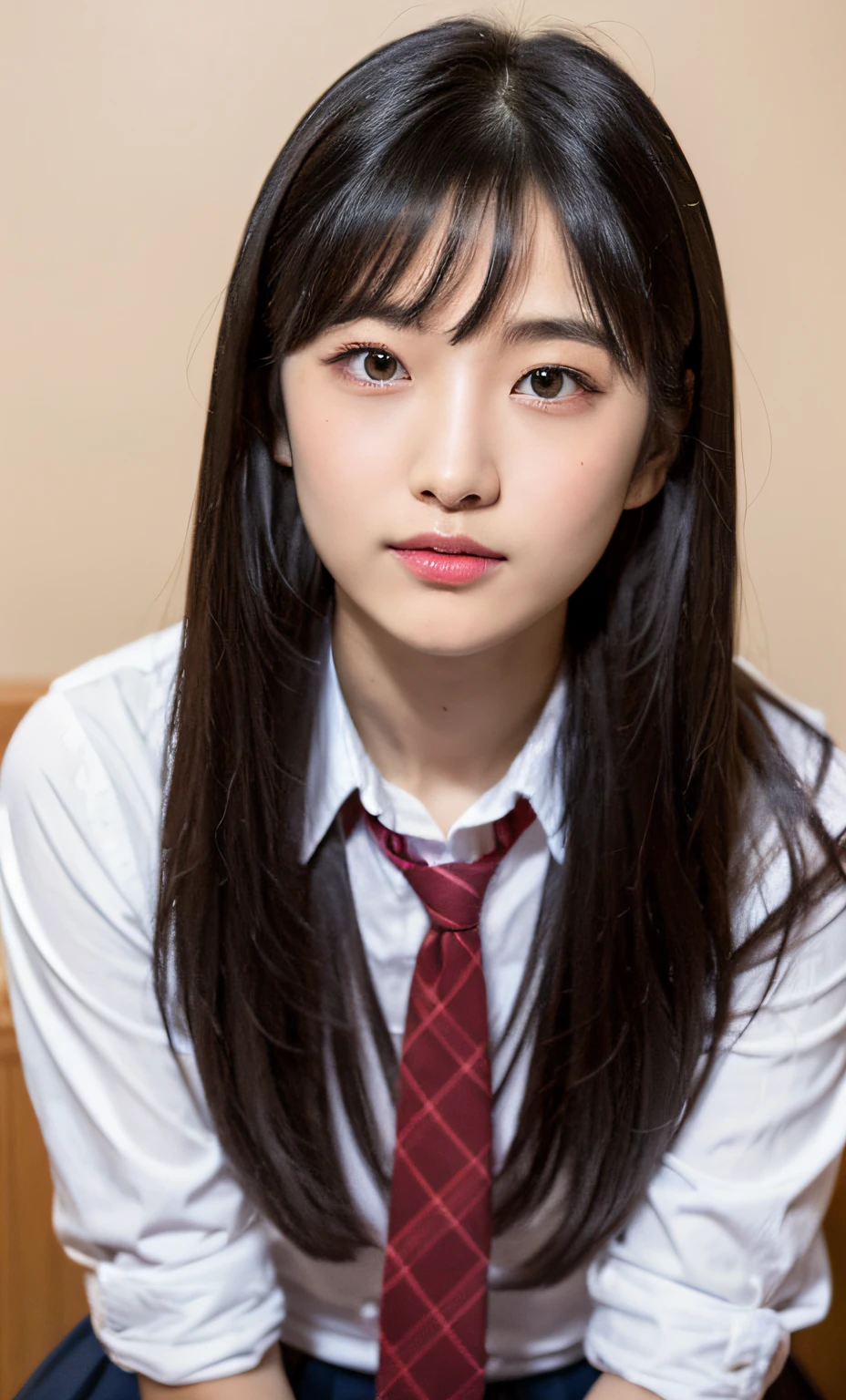 ulzzang-6500-v1.1, (Raw foto:1.2), (photorealestic:1.4), Beautiful detailed girl, Very detailed eyes and faces, Beautiful detailed eyes, comical, Unbelievably ridiculous, huge file size, A highly detailed, high resolucion, A highly detailed, Best quality at best, masterpiece, Chemomimi, ((Japanese girls' high school uniform)), illustratio, A highly detailed, CG, unification, 8k wallpaper, astonishing, delicate detail, masterpiece, Best quality at best, very detailed CG uniform 8k wallpaper, Lights on the face, cinematic lightings, 1girll, 16yo, ((no panty)), ((Dynamic Pose))), (camel toes), (harp), Sit with your legs apart