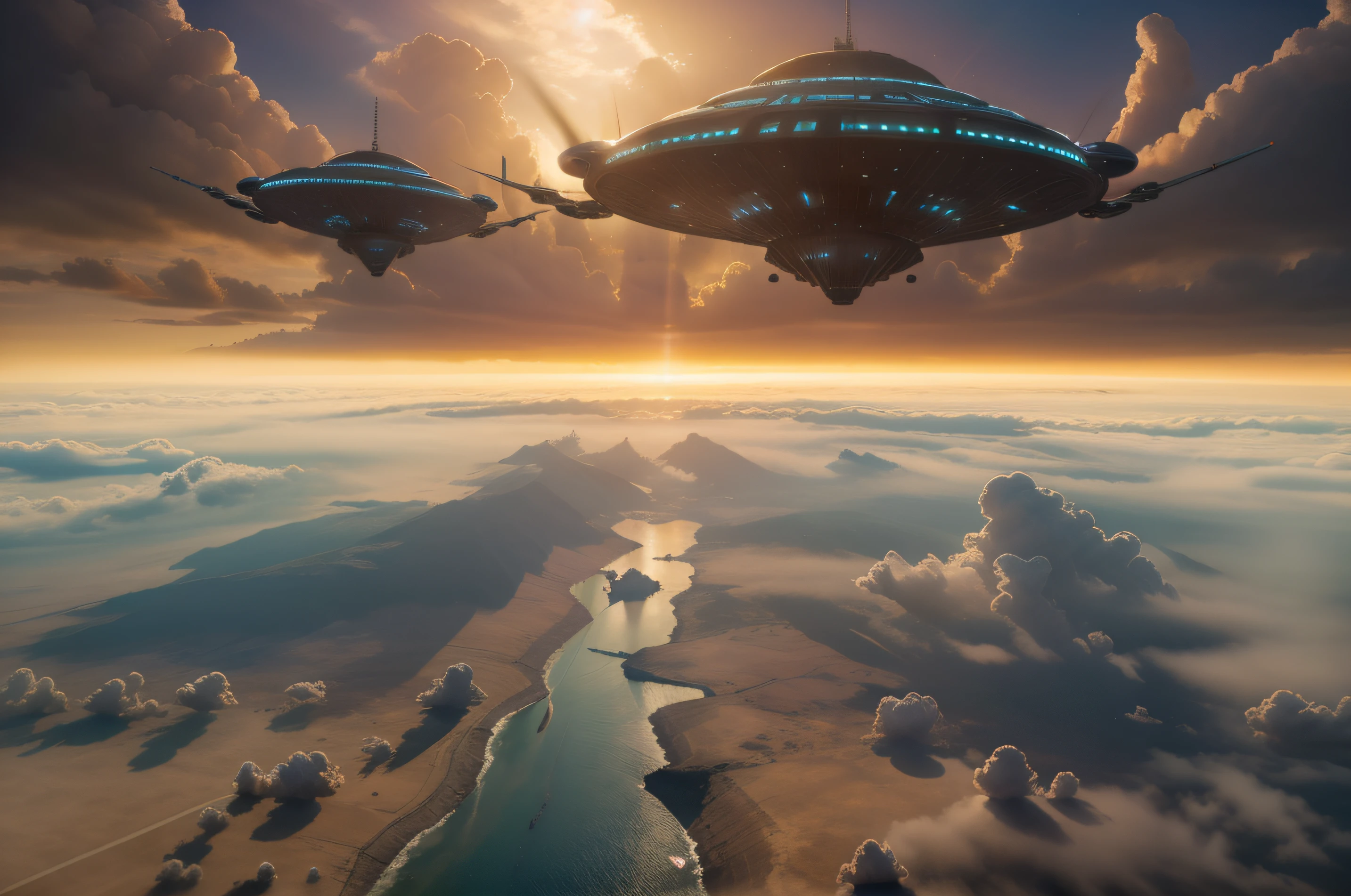 two alien ships invade the planet's airspace and fly towards the horizon, nuclear explosions are visible in the distance, distant view, Masterpiece, best quality, aerial view, vivid colors, volumetric light, intricate details.