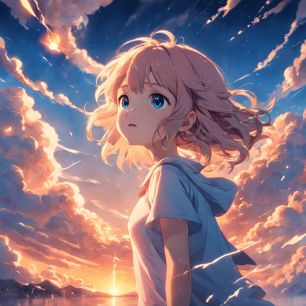 masterpiece, best quality, movie still, 1girl, cloud girl, floating in the sky, close-up, bright, happy, warm soft lighting, sunset, (sparks:0.7)