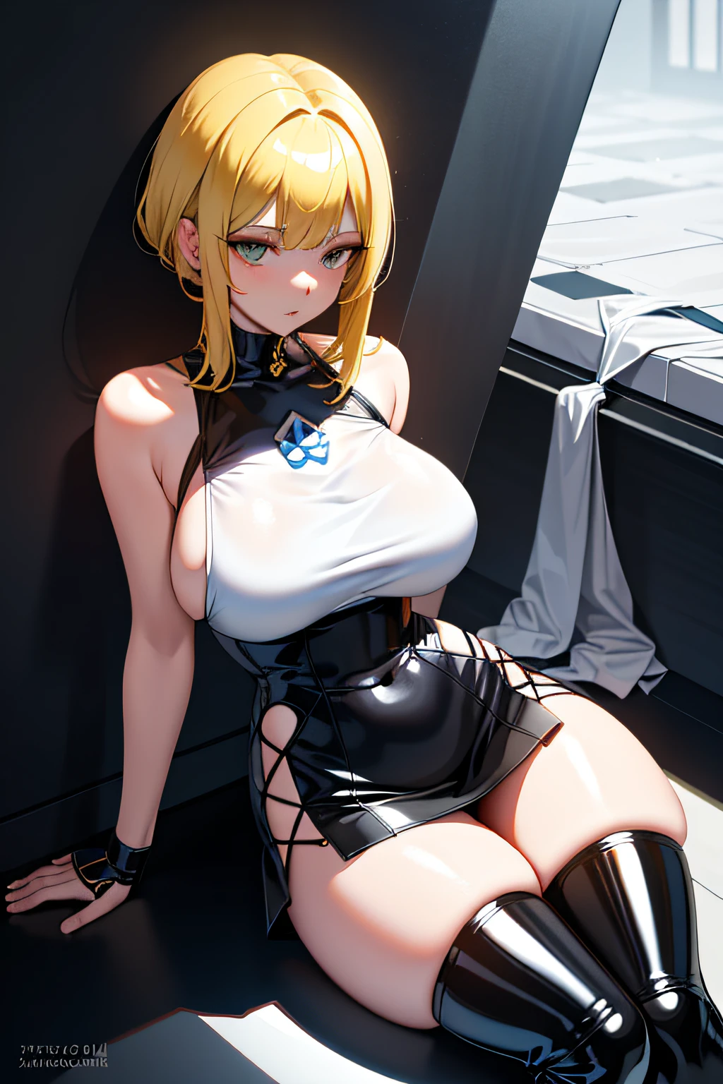 1girll, Creatures inside, MuCoi\(substance\), A detailed, terroral, iintricate, , tmasterpiece, Best quality at best, highly detailed,Soak in the biological space,Latex Combat Suit,Royal sister big breasts,goddes,High value,Long legs,Sexy figure,squishing,shackle,Slightly fat,Body photo,pleatedskirt,Yellow hair,Pick and dye your hair,Black and white stockings,revealing the lower abdomen,exposing thighs