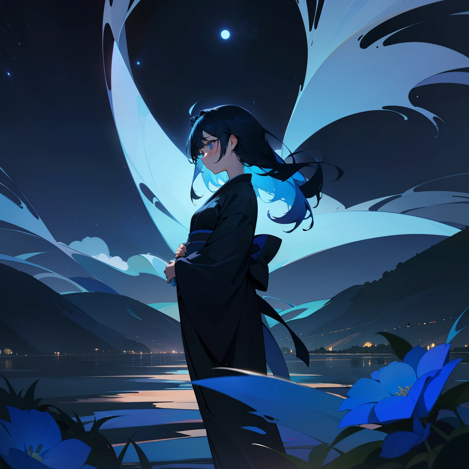 under the starry sky、In the fusion of beauty and beauty、A girl stood quietly。Her hair is an exquisite color scheme of black and blue、It was full of colorful colors reminiscent of the midnight sky..。The colorful blue and black kimono she wears is、It's like wearing the night sky。At its feet、Unusual blue roses bloom densely、The sight was like a miraculous landscape。Around her、It was surrounded by a sacred atmosphere as if it had been blessed by God..。This moment is、It felt like a fantastic time where reality and dreams intersect。