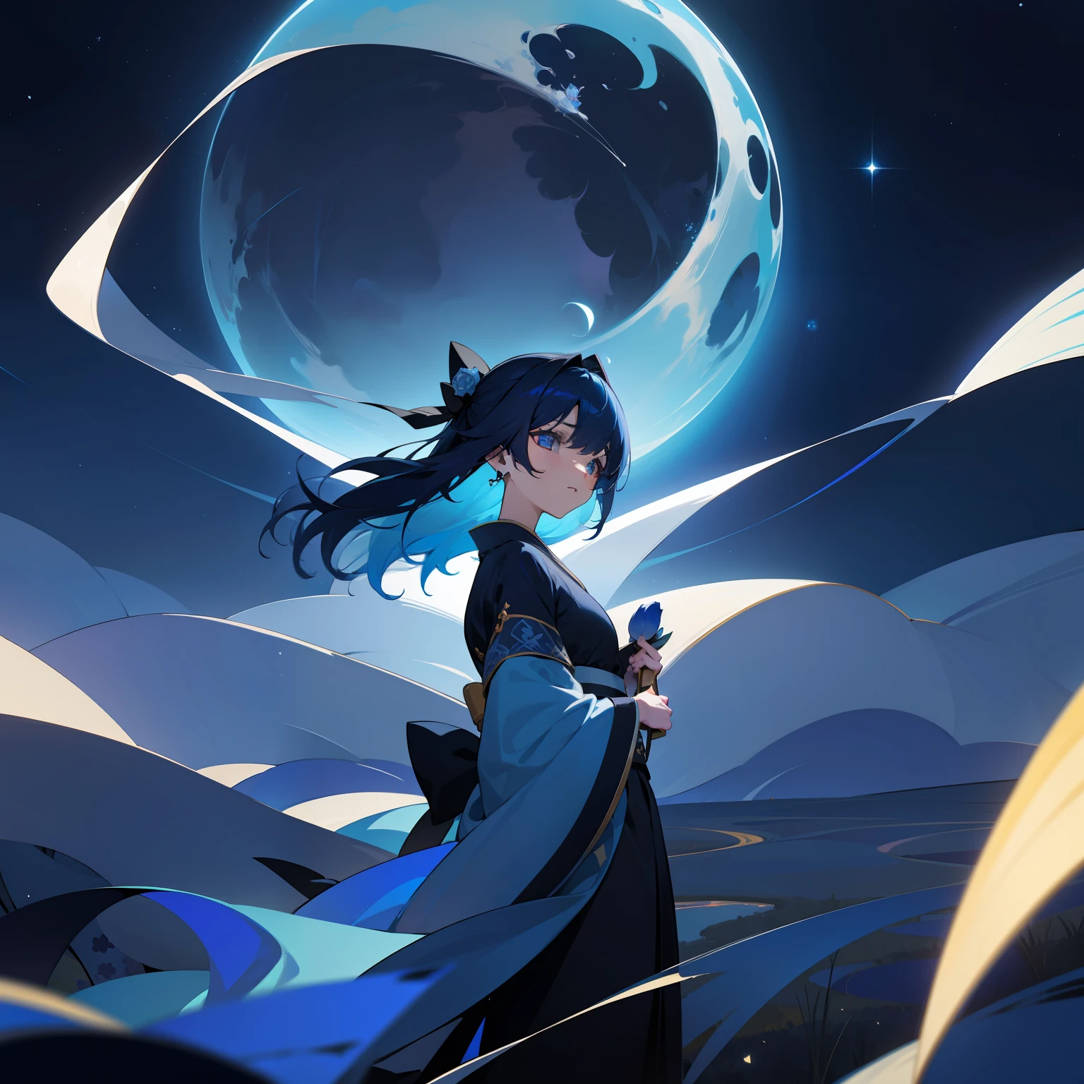 under the starry sky、In the fusion of beauty and beauty、A girl stood quietly。Her hair is an exquisite color scheme of black and blue、It was full of colorful colors reminiscent of the midnight sky..。The colorful blue and black kimono she wears is、It's like wearing the night sky。At its feet、Unusual blue roses bloom densely、The sight was like a miraculous landscape。Around her、It was surrounded by a sacred atmosphere as if it had been blessed by God..。This moment is、It felt like a fantastic time where reality and dreams intersect。