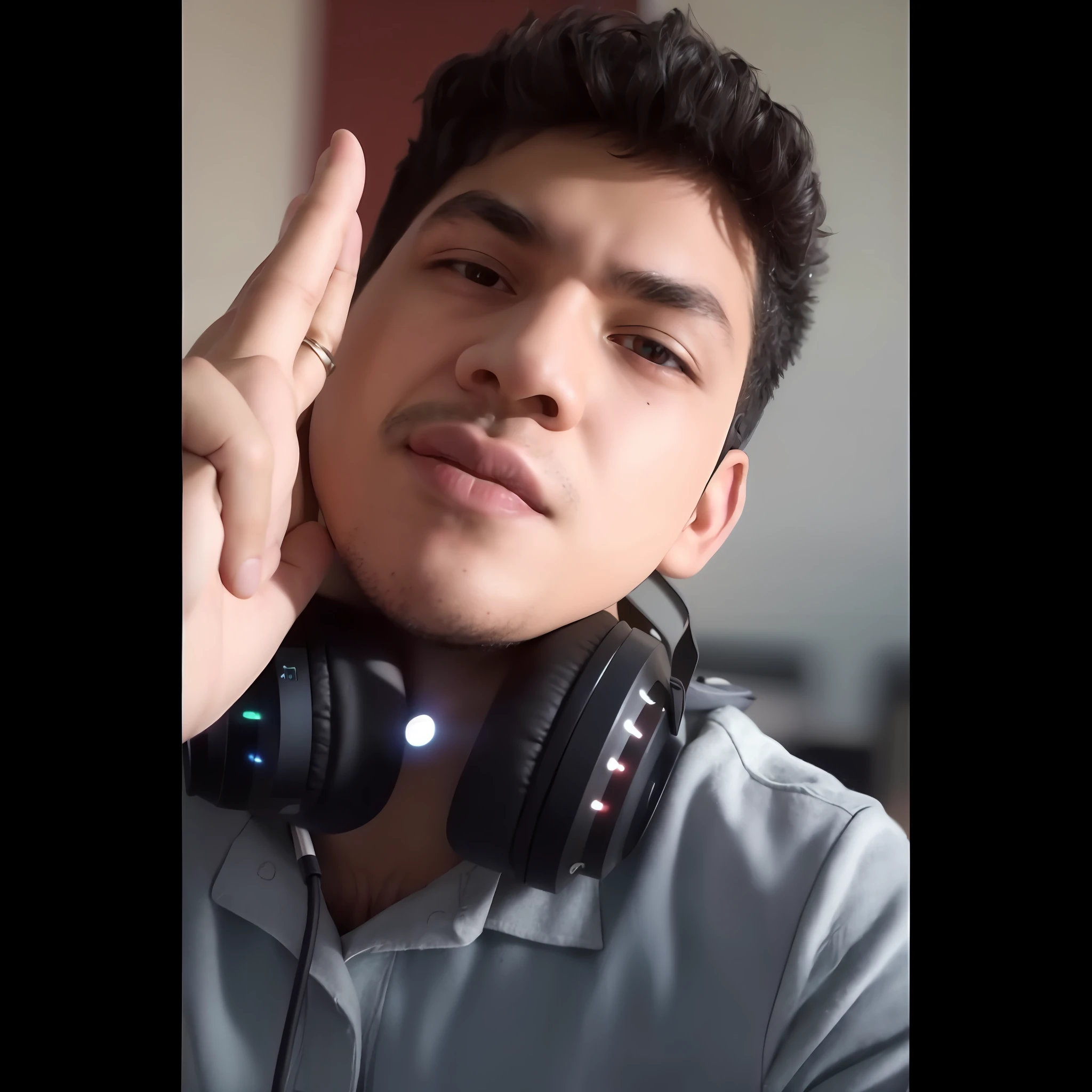 Man with headphones making a peace sign with his hand, em torno de 1 9 anos, foto de perfil 1024px, Streamer do Twitch / Jogador Ludwig, andres rios, Jose Miguel Romano Francisca, caio santos, foto de perfil headshot, imagem de qualidade muito baixa, victor maristane, taken in the early 2020s, raiado