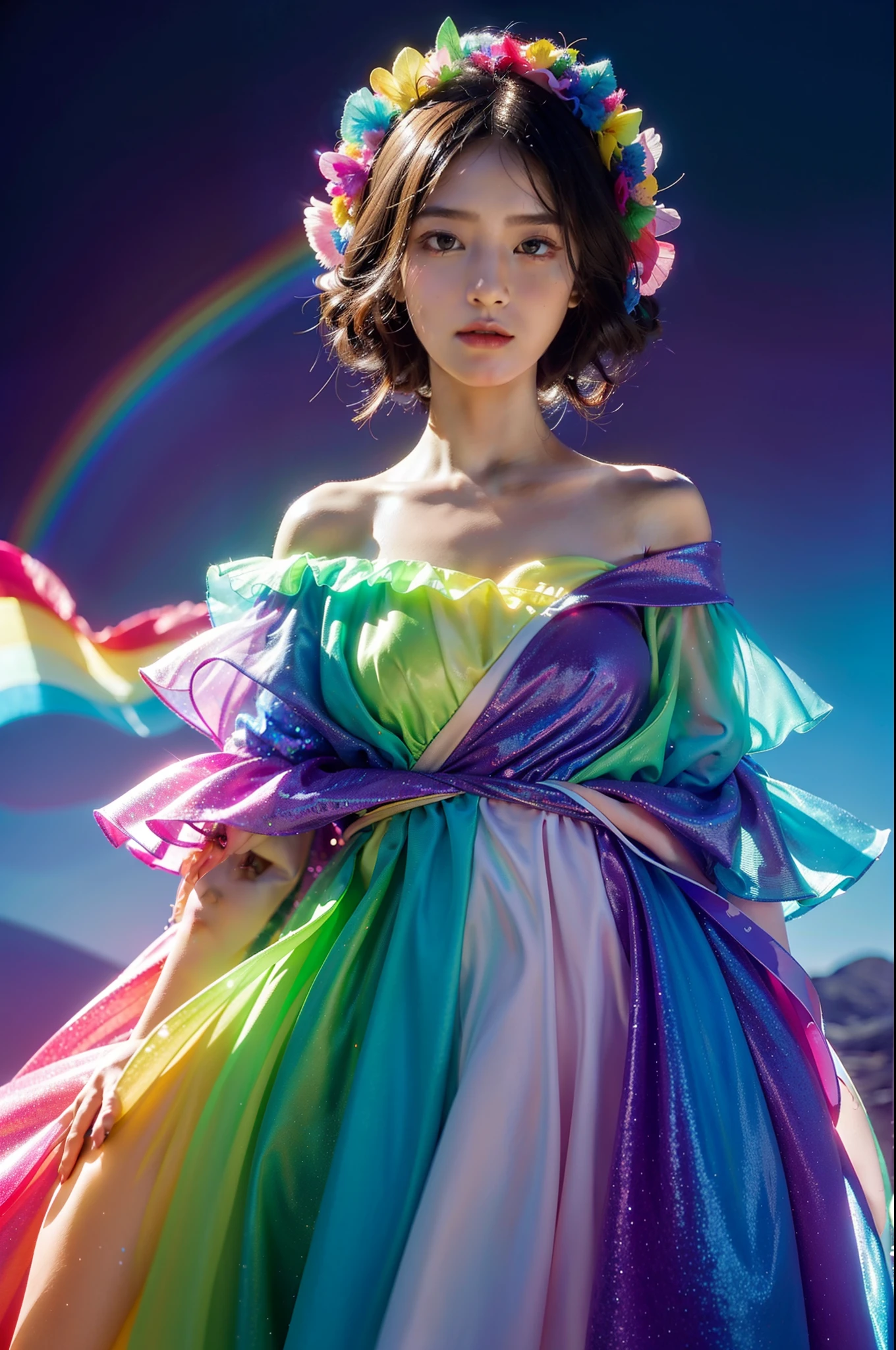 A surreal avant garde outfit that defies expectations. The model wears an animate dress of nano-fabric that shifts colors and patterns hypnotically via chromatophore technology. The material seems alive, slowly undulating and enveloping her body. Holographic feathers project across the shoulders, fluttering gently. Crystal fractal headpiece refracts rainbow starbursts around her face. She poses serenely as the dress responds to her mood, shimmering bioluminescent ripples across its surface. The vision induces wonder at what future fashion could become. Vibrant colors and dreamlike details surround the model as clothing takes on a life of its own