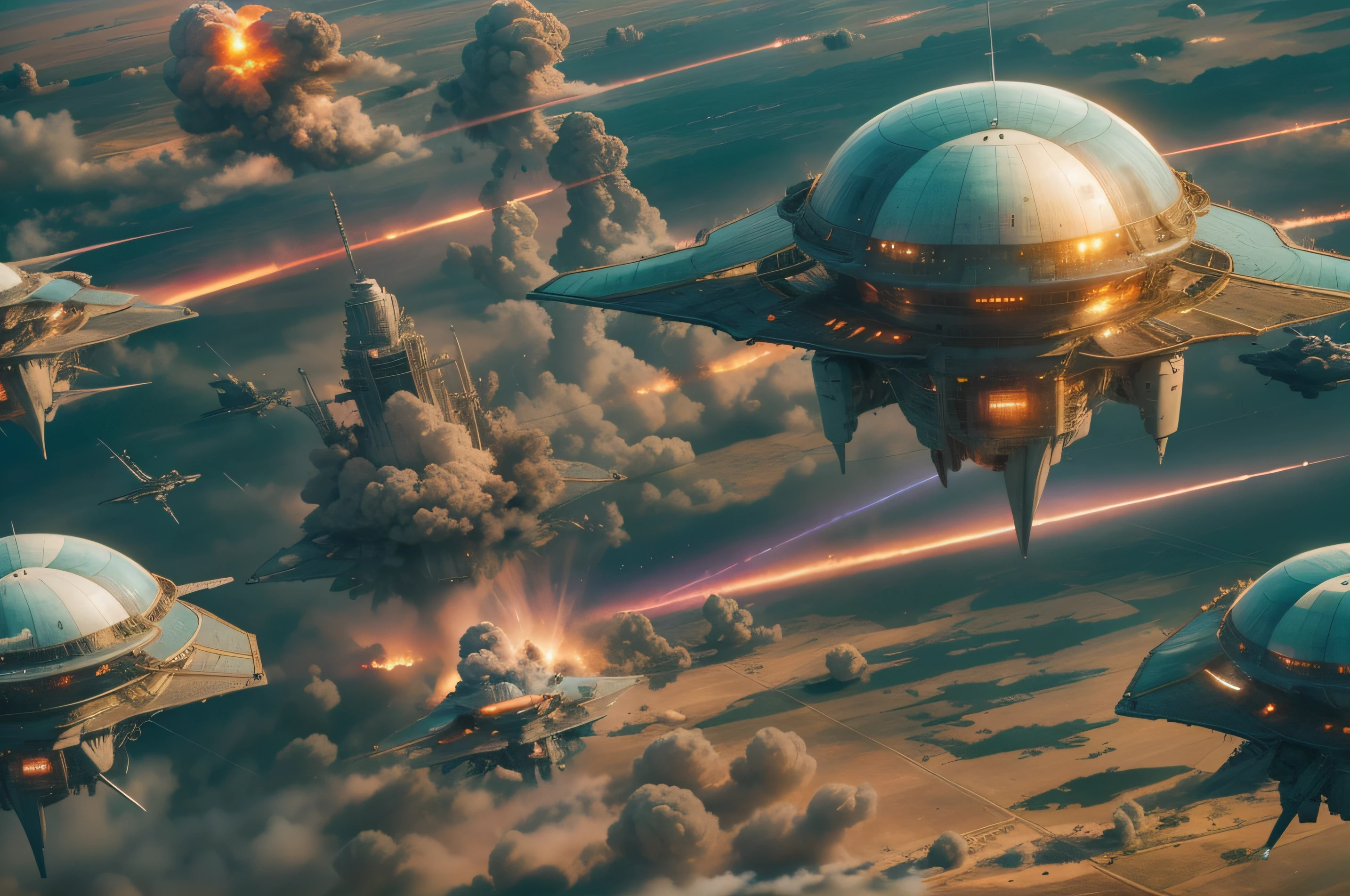 two alien ships invade the planet's airspace and fly towards the horizon, nuclear explosions are visible in the distance, distant view, Masterpiece, best quality, aerial view, vivid colors, volumetric light, intricate details.