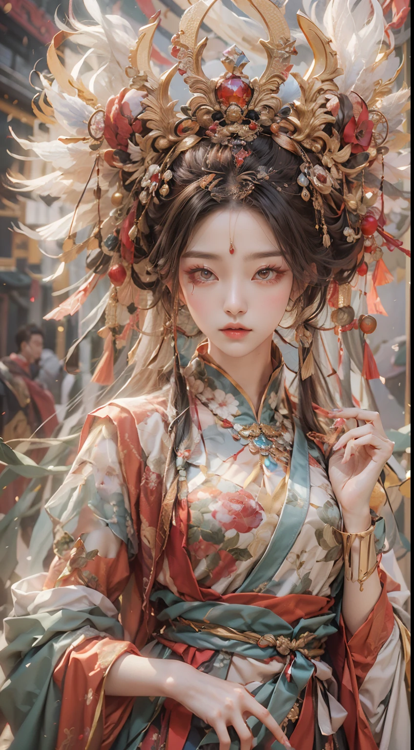 offcial art，Extremely detailed，oil painted，sputtering，1girll，The facial features are delicate and beautiful, non blurry，Red eyeshadow，light make-up，Gorgeous damask and silk accessories，Gorgeous feathers and headdresses，Chinese immortals，Female fairy，The sleeves flutter，The scarf flutters，Light smile，The girl is in the center of the frame，Full of fairy，The is very detailed，Ultra-high sharpness，超高分辨率，8K，Ray traching，lightand shade contrast，Deng Huang mural，realisticlying，。.。.3D，Full body photo，