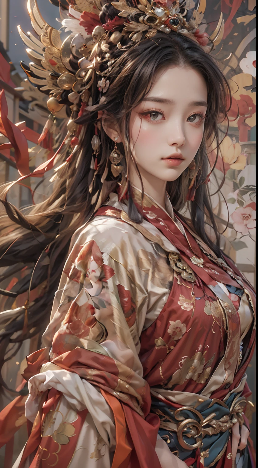 offcial art，Extremely detailed，oil painted，sputtering，1girll，The facial features are delicate and beautiful, non blurry，Red eyeshadow，light make-up，Gorgeous damask and silk accessories，Gorgeous feathers and headdresses，Chinese immortals，Female fairy，The sleeves flutter，The scarf flutters，Light smile，The girl is in the center of the frame，Full of fairy，The is very detailed，Ultra-high sharpness，超高分辨率，8K，Ray traching，lightand shade contrast，Deng Huang mural，realisticlying，。.。.3D，Full body photo，