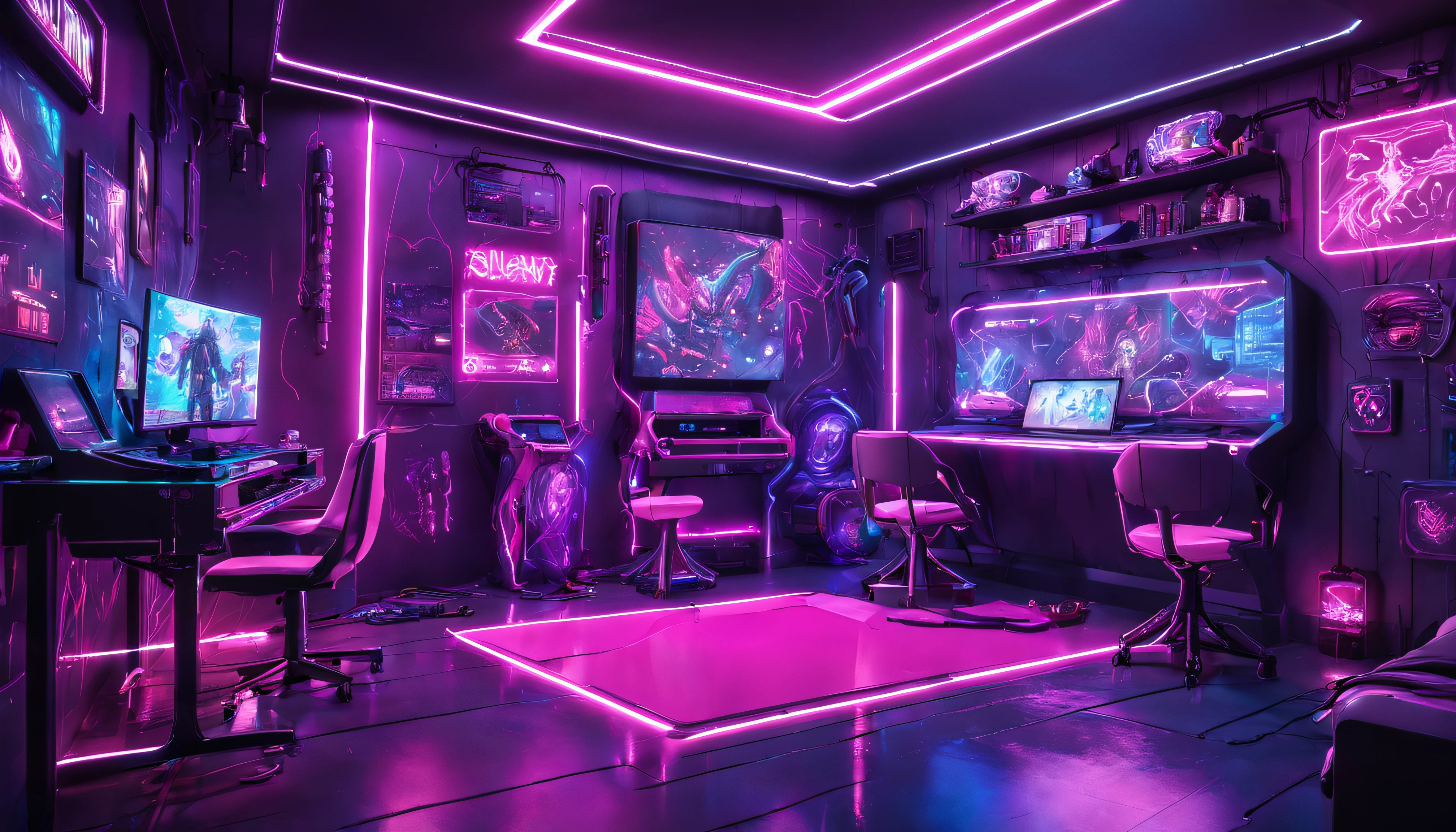 "Vibrant cyberpunk playroom with immersive purple-pink neon lights, Creating a futuristic atmosphere for intense, action-packed gameplay scenes."