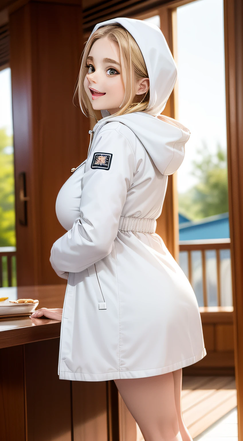top-quality、​masterpiece、超A high resolution、(Photorealsitic:1.4)、Raw photo、1girl in、((white parka、JINS))、((Big breasts))、Chloë Grace Moretz、A smile、A delightful、