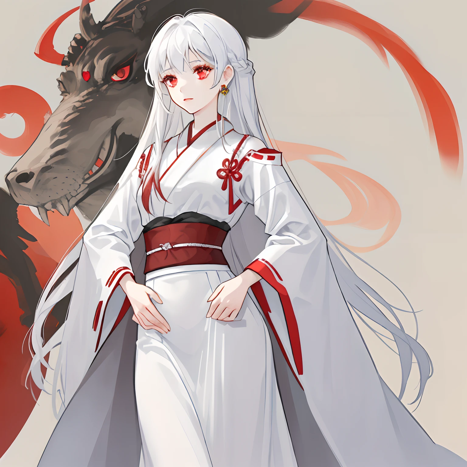 (A girl with white long hip length hair and ruby red eyes, dressed in a white skirt and white top, adorned with a white long haori featuring red details at the hem, inspired by the style of demon slayer, with a word on her hip full length picture )