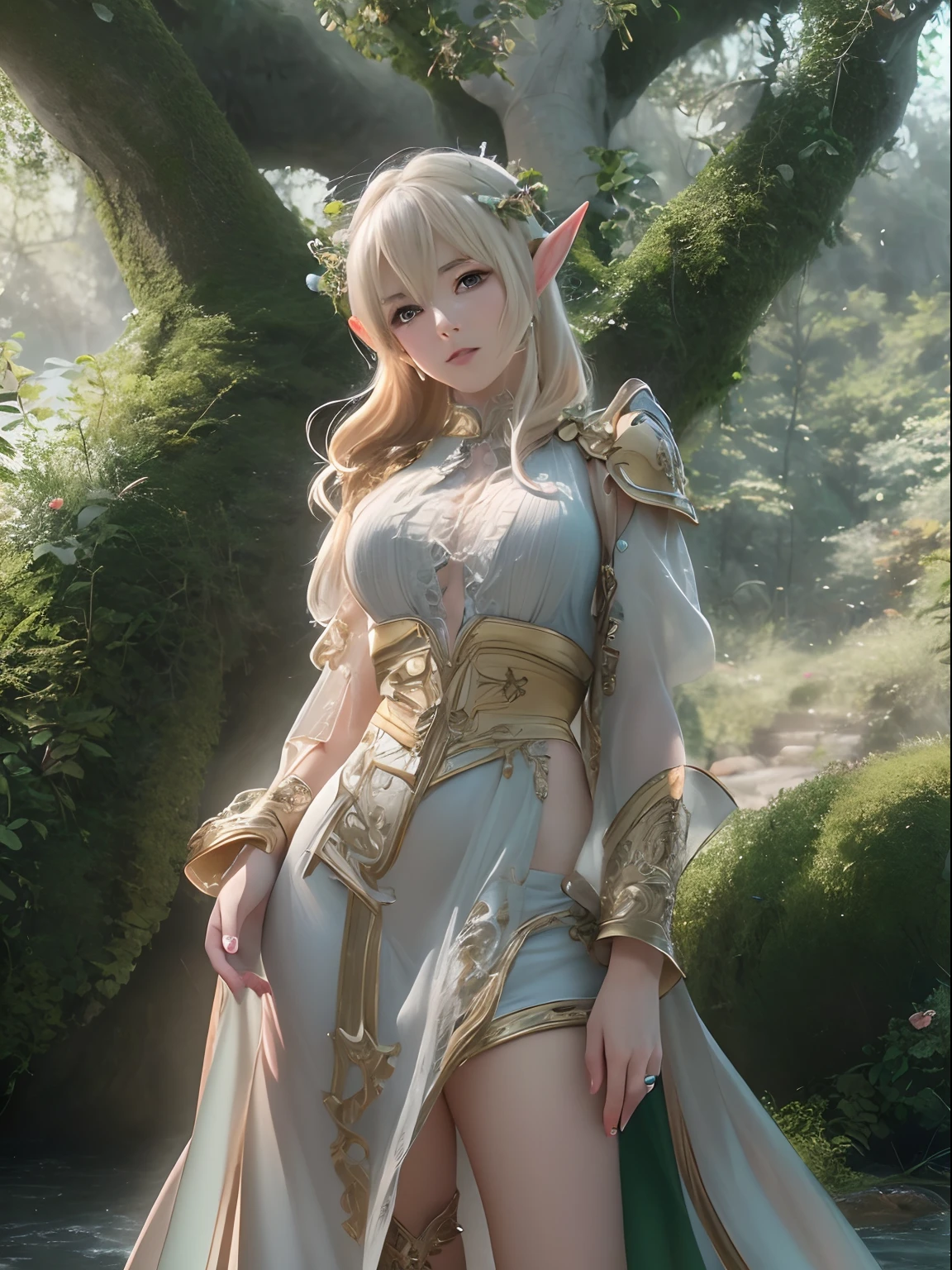 (masutepiece, High resolution, Photorealsitic:1.4), (An enchanting forest elf with a sensual and statue-like figure:1.3), (Shortwear, tight-fitting clothes、Walk towards the river:1.2), (Blonde hair falling in waves:1.2), (Rosy cheeks blush with a hint of shy:1.2), (Surrounded by lush forests:1.2), (The tree々Sunlight coming in from between:1.1), (A sparkling river reflecting the landscape:1.1), (Gentle rustling of leaves in the background:1.1), (Canon EOS R5 mirrorless camera:1.2), (Paired with Canon RF 24-70mm f/2.8 L IS USM Lens。:1.2), (Capture the realism of the moment:1.2), (Celebrate the magical charm of meeting the forest:1.2), (Captivating photos that bring fantasy to life:1.1), Cinematic, ultra-detailliert, Insane details, Beautifully color graded, Unreal Engine, degrees of freedom, Hyper-Resolution, Megapixel, cinematic lightening, Anti-aliasing, FKAA, TXAA, nffsw, SSAO, post processed, Post Production, Tone Mapping, ...CGI, VFX, tokusatsu, insanely detailed and intricat, Hyper maximalist, Hyper realistic, Volumetric, Photorealistic, ultra photoreal, Ultra-detailed, Intricate details, 8K, super detailed, fulcolor, Volumetric lightning, nffsw, Realistic, Unreal Engine, 16 K, Sharp Focus, Octane render --v testp
