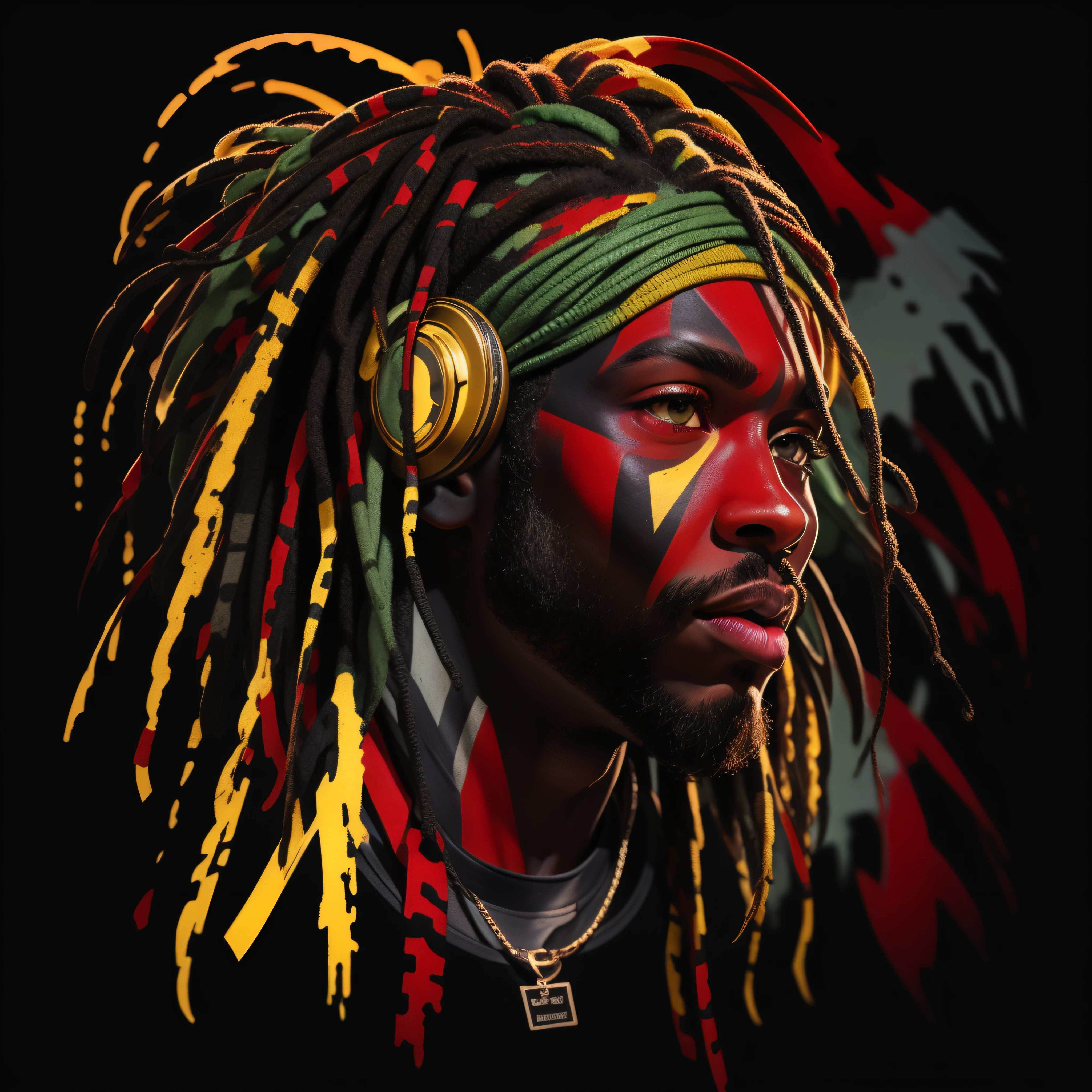 Create a logo with the head of a black man with dreadlocks in black colors, verde, amarelo e vermelho (olhando para a frente) , imagem estilo logomarca , Sober, (fundo preto), Image with resolution of at least 300dpi, UHD 8k, Very high quality for excellent printing. Lighting that highlights the figure in relation to the background, cores do reggae