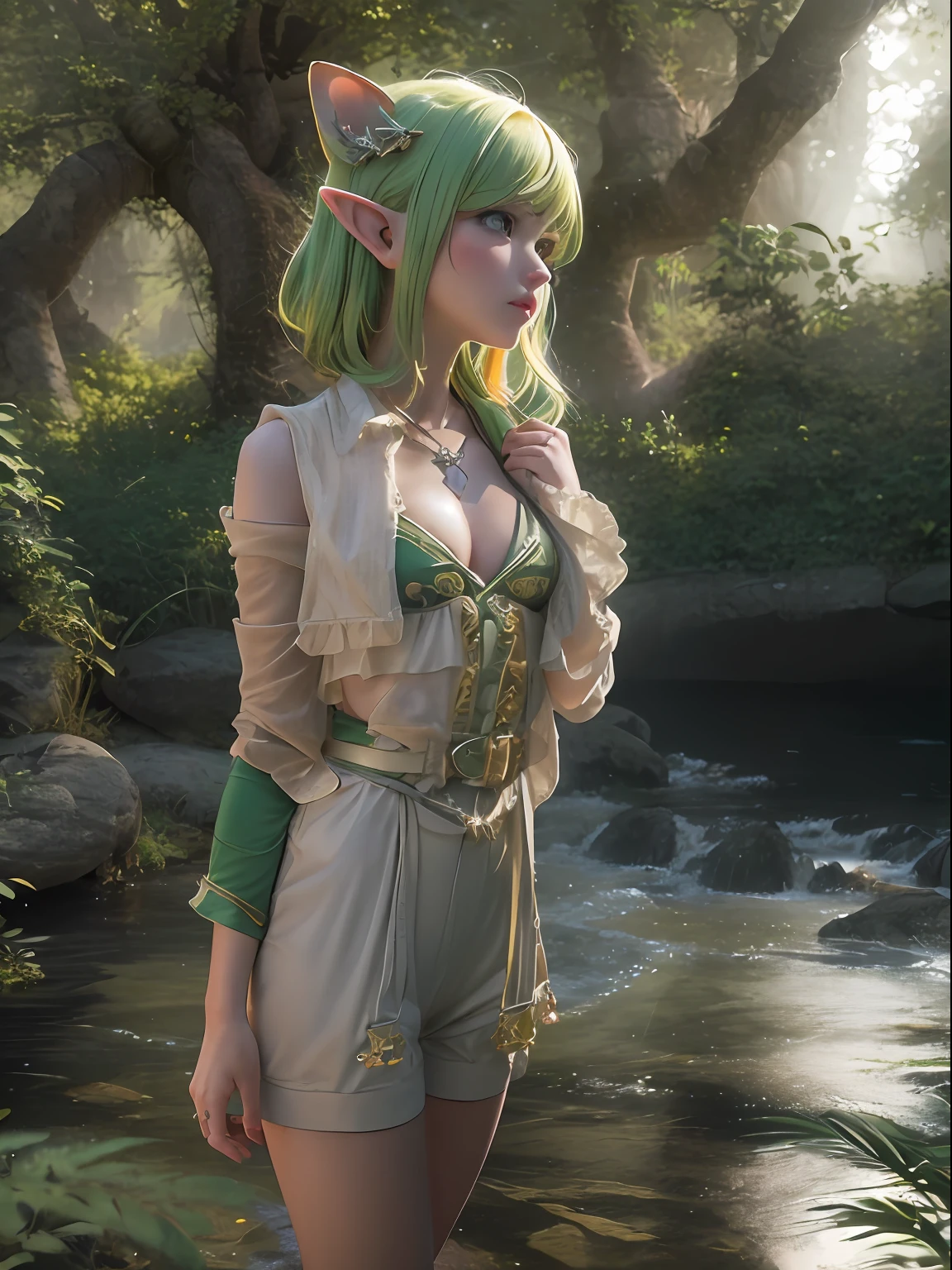 (masutepiece, High resolution, Photorealsitic:1.4), (An enchanting forest elf with a sensual and statue-like figure:1.3), (Shortwear, tight-fitting clothes、Walk towards the river:1.2), (Blonde hair falling in waves:1.2), (Rosy cheeks blush with a hint of shy:1.2), (Surrounded by lush forests:1.2), (The tree々Sunlight coming in from between:1.1), (A sparkling river reflecting the landscape:1.1), (Gentle rustling of leaves in the background:1.1), (Canon EOS R5 mirrorless camera:1.2), (Paired with Canon RF 24-70mm f/2.8 L IS USM Lens。:1.2), (Capture the realism of the moment:1.2), (Celebrate the magical charm of meeting the forest:1.2), (Captivating photos that bring fantasy to life:1.1), Cinematic, ultra-detailliert, Insane details, Beautifully color graded, Unreal Engine, degrees of freedom, Hyper-Resolution, Megapixel, cinematic lightening, Anti-aliasing, FKAA, TXAA, nffsw, SSAO, post processed, Post Production, Tone Mapping, ...CGI, VFX, tokusatsu, insanely detailed and intricat, Hyper maximalist, Hyper realistic, Volumetric, Photorealistic, ultra photoreal, Ultra-detailed, Intricate details, 8K, super detailed, fulcolor, Volumetric lightning, nffsw, Realistic, Unreal Engine, 16 K, Sharp Focus, Octane render --v testp