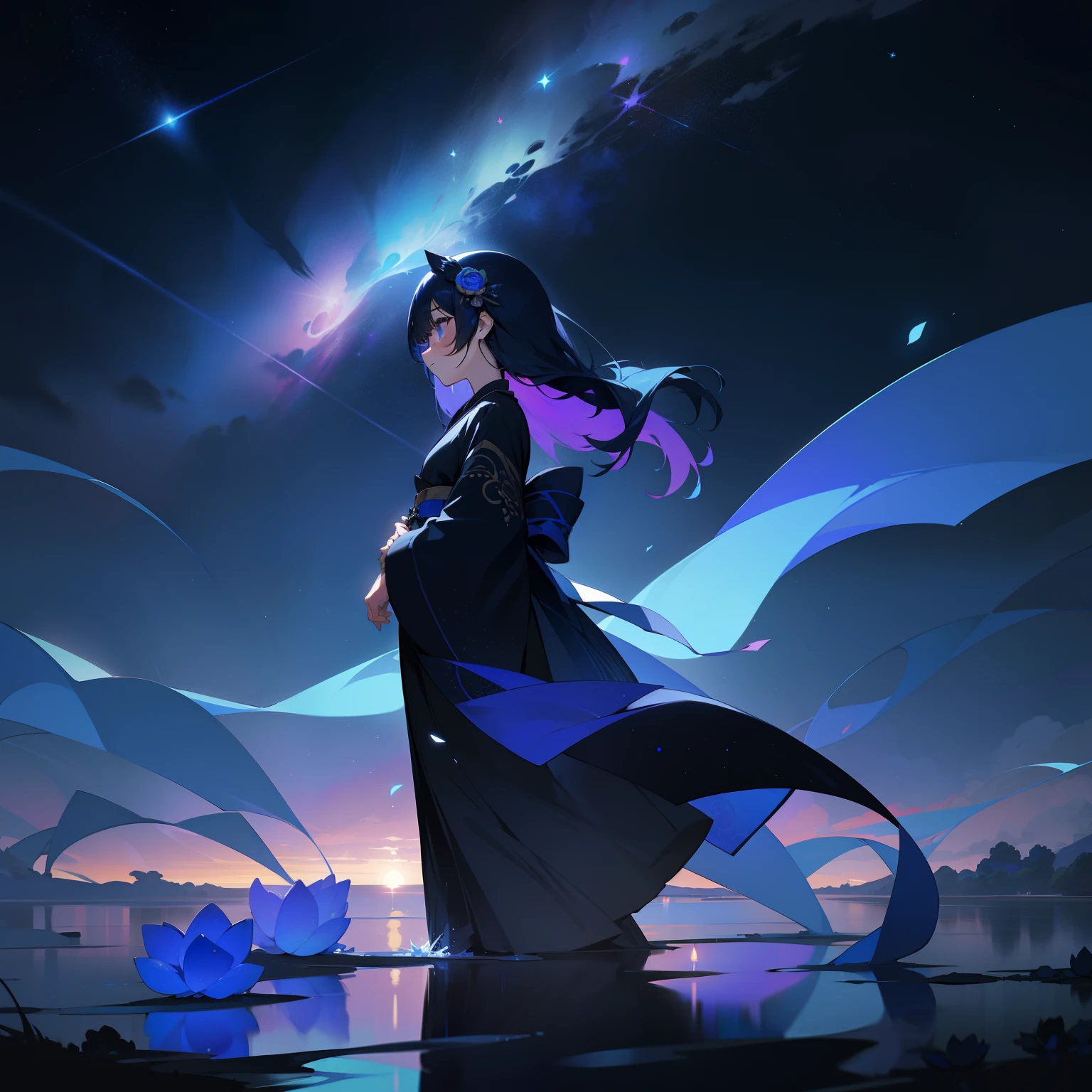 under the starry sky、In the fusion of beauty and beauty、A girl stood quietly。Her hair is an exquisite color scheme of black and blue、It was full of colorful colors reminiscent of the midnight sky...。The colorful blue and black kimono she wears is、It's like wearing the night sky。At its feet、Unusual blue roses bloom densely、The sight was like a miraculous landscape。It was surrounded by a sacred atmosphere as if blessed by God...。This moment is、It felt like a fantastic time where reality and dreams intersect。