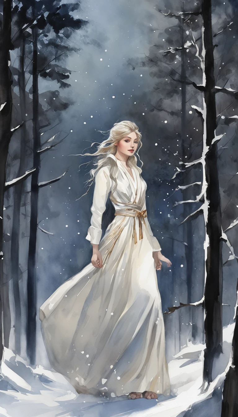 ((From the front side)), ((From below)), ((full bodyesbian)), ((Realistic)), Beautiful young girl, , cabelos preto e longos, hair straight, By bangs, (slender leg), (cold light, the night, starrysky), (at winter season, nevando, Forest). ((White antique robe,  )), Detailed scenes, the detail，Hyper-detailed, (correct hand), (anatomy correct), (best qualtiy，tmasterpiece)