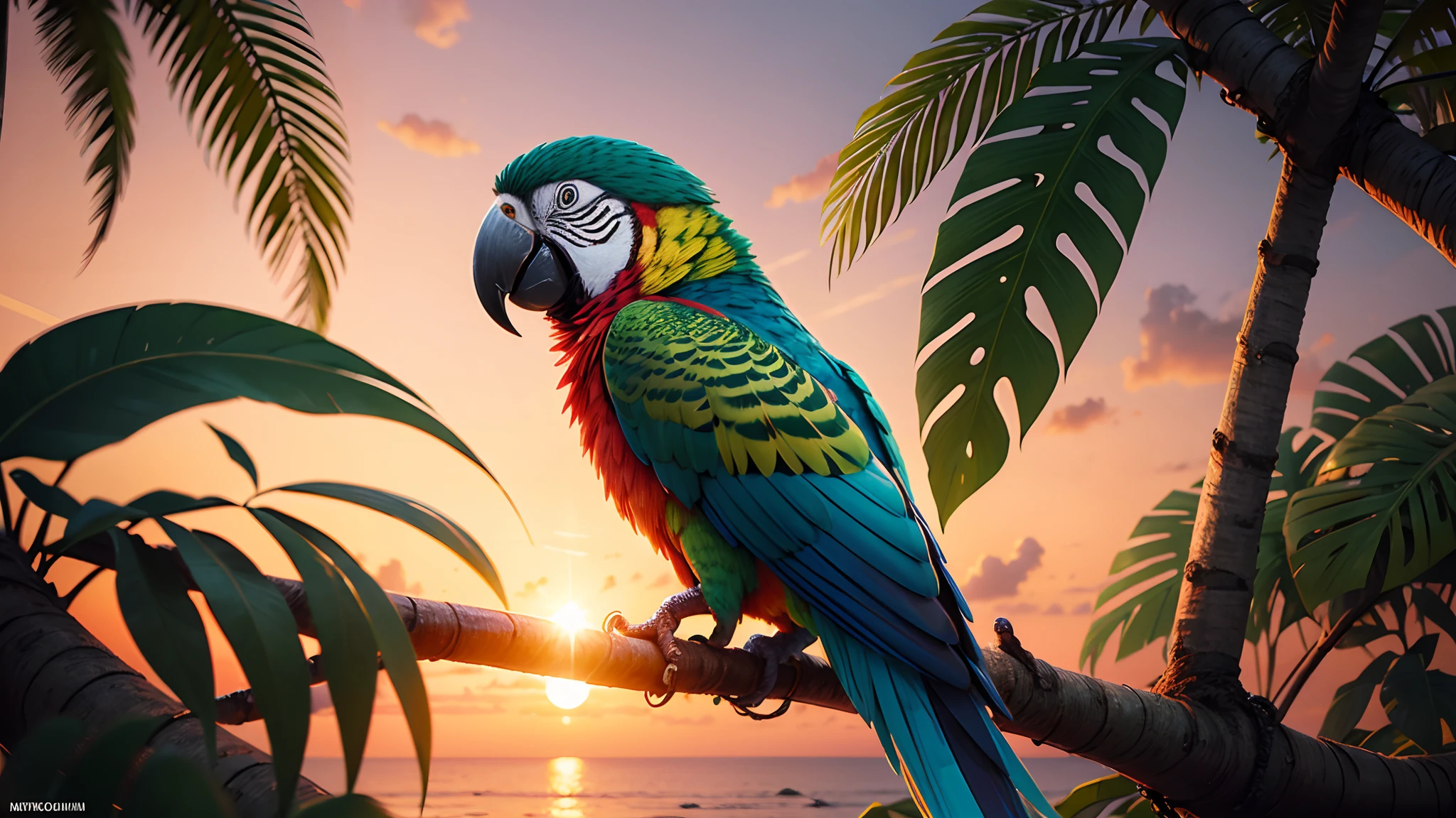 A vibrant parrot perched on a tropical tree with a sunset behind it