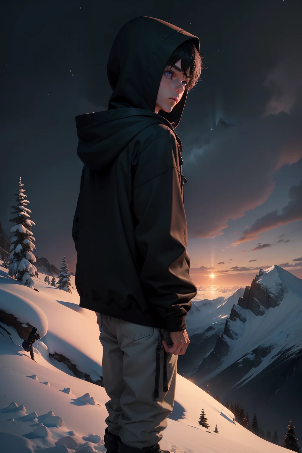 A boy stands on a snowy mountain,back,Wear a black sweatshirt,Wear a hood,k hd,best qualtiy,nigth,Good body proportions,legs long