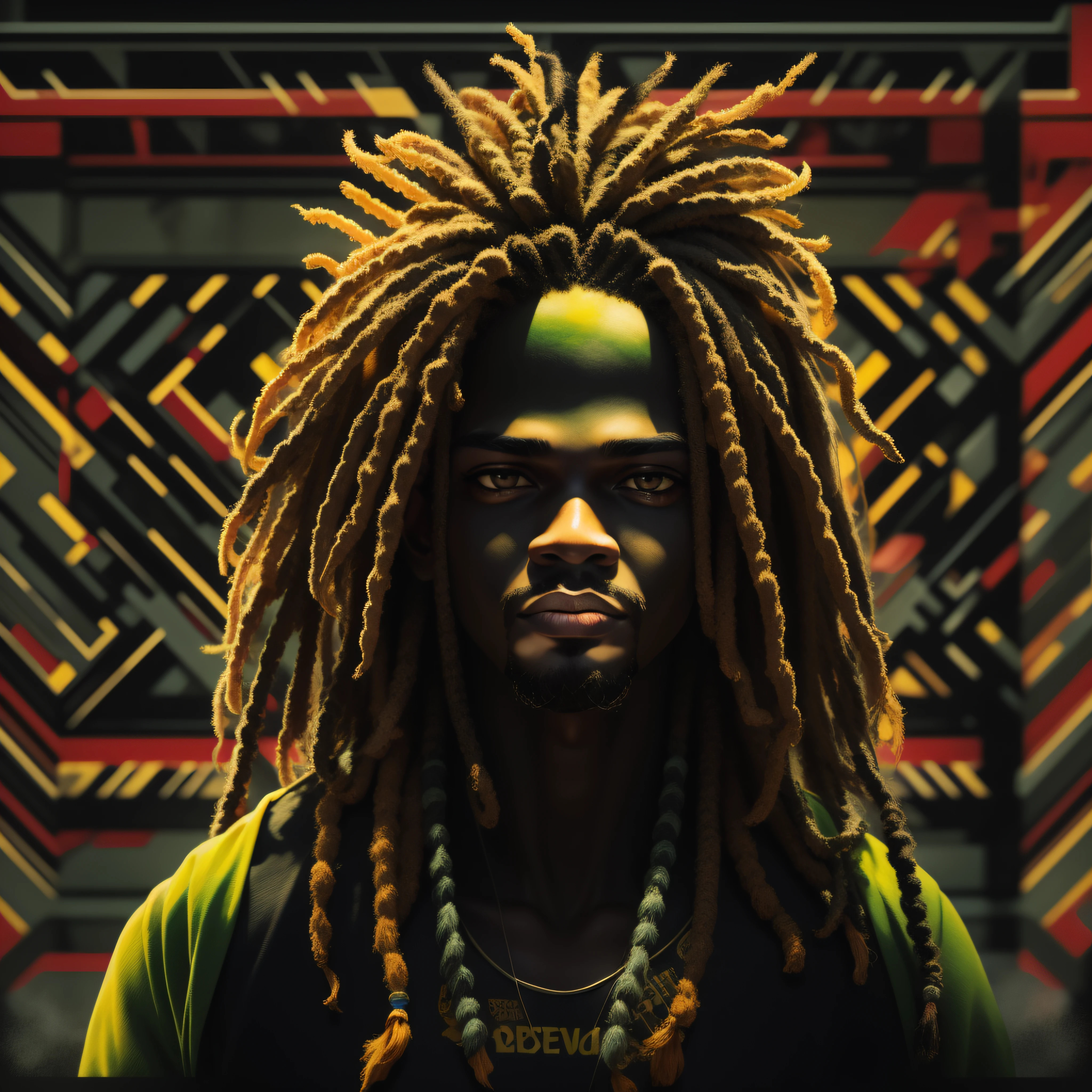 Create a logo with the head of a black man with dreadlocks in black colors, verde, amarelo e vermelho (olhando para a frente) , imagem estilo logomarca , Sober, (fundo preto), Image with resolution of at least 300dpi, UHD 8k, Very high quality for excellent printing. Lighting that highlights the figure in relation to the background, cores do reggae