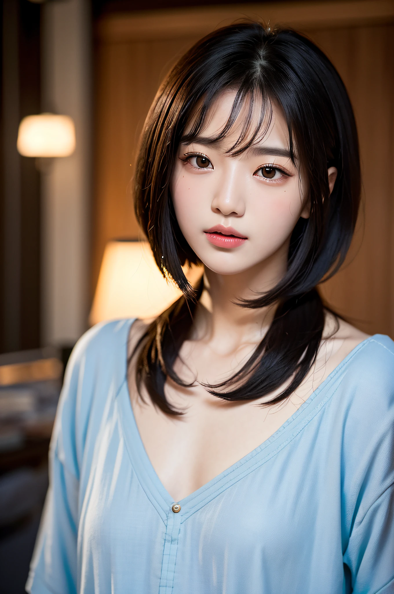 (Gyeongsan:1.5), a closeup, ​masterpiece, top-quality, ultra-detailliert, Raw foto, Photorealsitic:1.2, faces, unbelievable Ridiculous, hight resolution, finely detail, extra detailed face, extremely detailed eye, Sharp pupils, beautiful a girl, 独奏, cute little, short-hair, middlebreast, depth of fields, foco nítido, Cinematic lighting