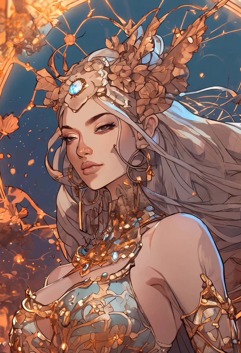 Beautiful sunset background with stars,anime figure, Genshin Impact, hu tao , Pair it with a beautiful corset made of scales, full bodyesbian, cover, Dynamic pose, beautiful skin tone, Hyperdetailed painting, Luminism, Bar lighting, complex, 4k resolution concept art portrait,greg rutkovsky, Art germ, Phlegm sputum, phlegm, Alphonse Mucha, fractal isometrics details bioluminescens : a stunning realistic photograph 30 years, Beautiful awesome girl with wet bone structure, a 3D render, rendering by octane, intricately details, , Cinematic, Trending at Artstation Isometric Center Hippie cover photo awesome full color, handpainted, grittiness, Realistic Mucha, Klimt, erte .12K, Intricate. hit definition , Cinematic,Rough sketch, the mix of bold dark lines and loose lines, Bold lines, On paper , Wear it all over your body with a beautiful dress, full bodyesbian.